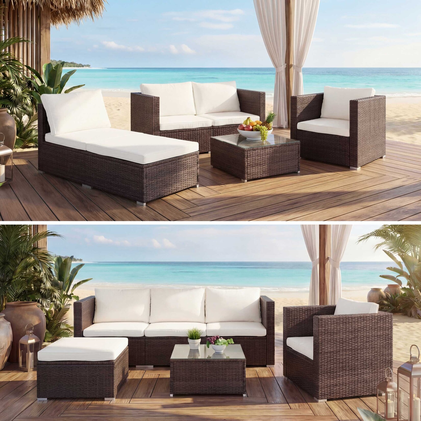Poly-Rattan-Garnitur Busto, Gartengarnitur Sitzgruppe Sofa Lounge-Set ~ braun, Kissen creme
