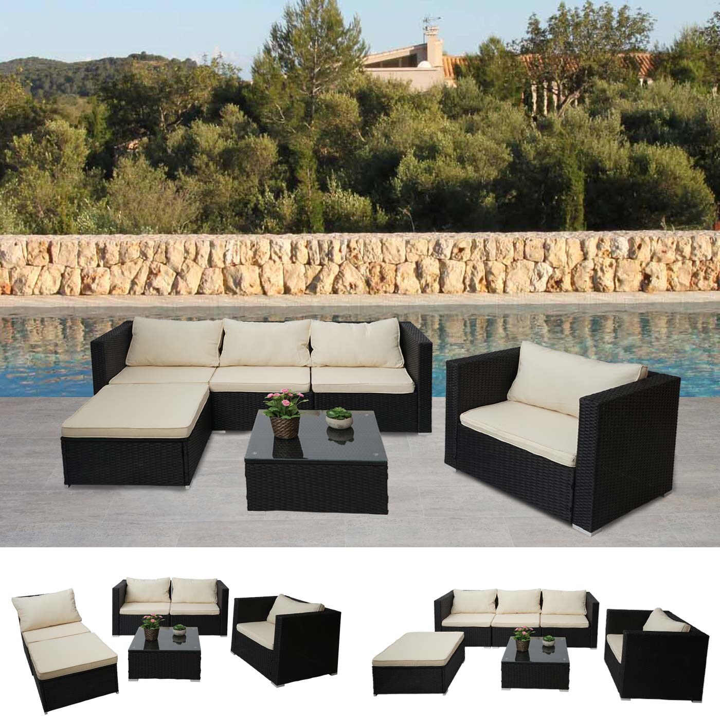Poly-Rattan-Garnitur Busto, Gartengarnitur Sitzgruppe Sofa Lounge-Set ~ schwarz, Kissen creme | 04057651546247