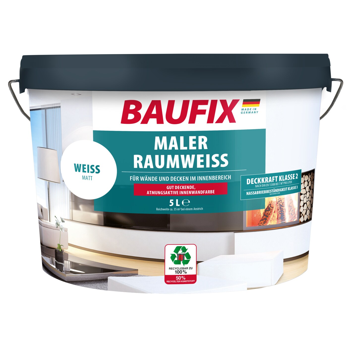 BAUFIX Maler-Raumweiß weiss matt, 5 Liter, Weiße Wandfarbe
