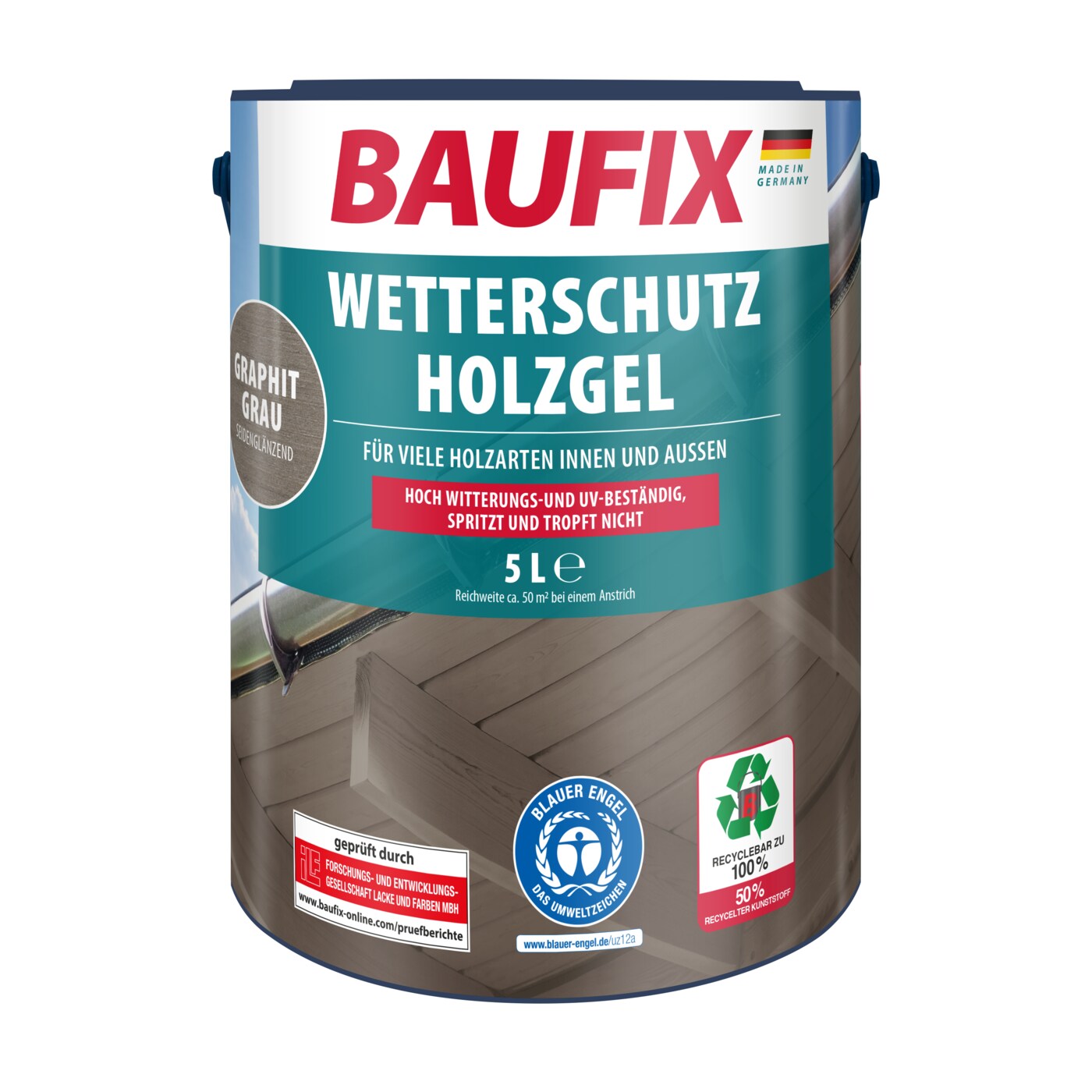 BAUFIX Wetterschutz-Holzgel graphitgrau seidengl&auml;nzend, 5 Liter, Holzlasur - Bild 1