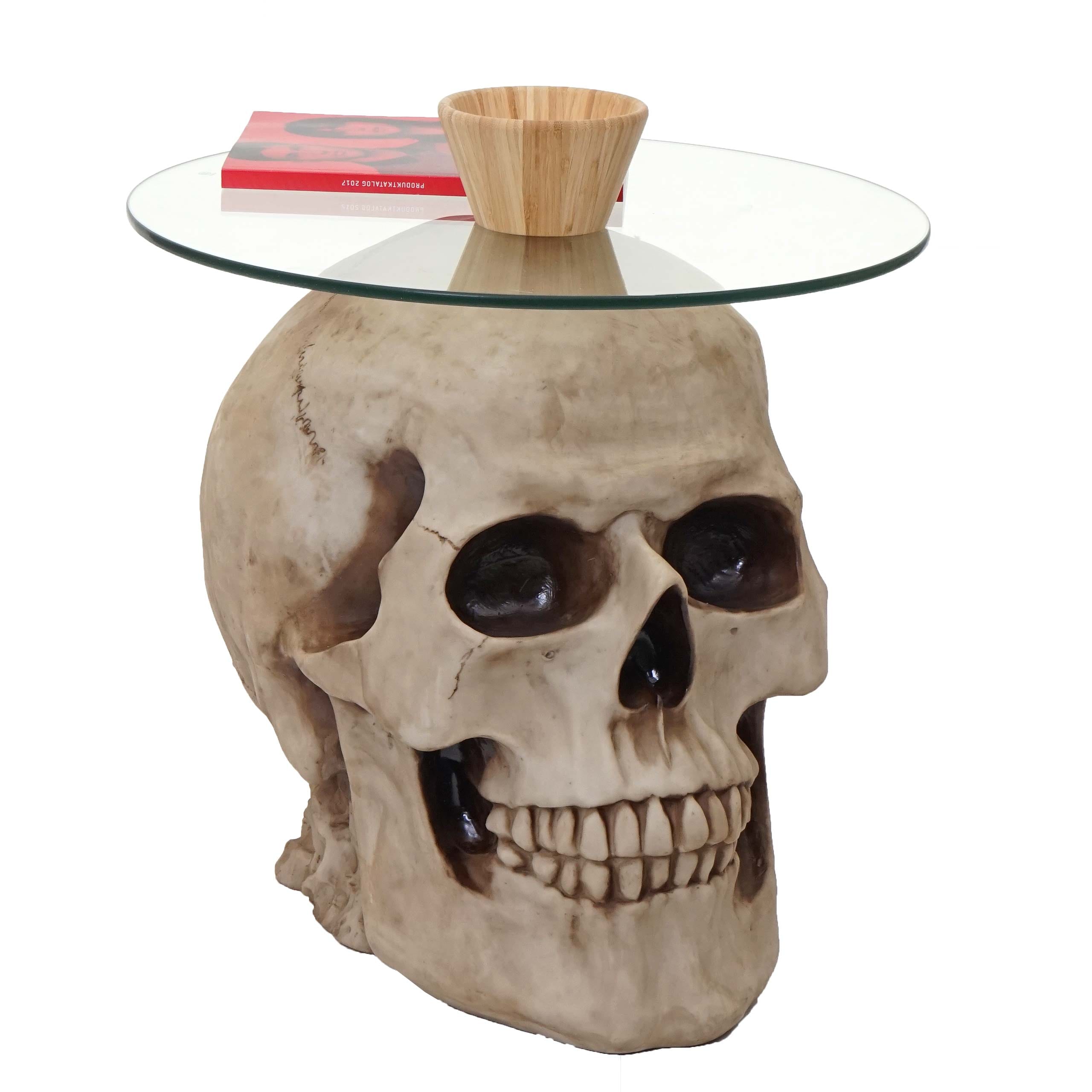 Beistelltisch Totenkopf MCW-A19, Glastisch Wohnzimmertisch Couchtisch Totensch&auml;del, Polyresin rund &Oslash;55cm natur - Bild 1