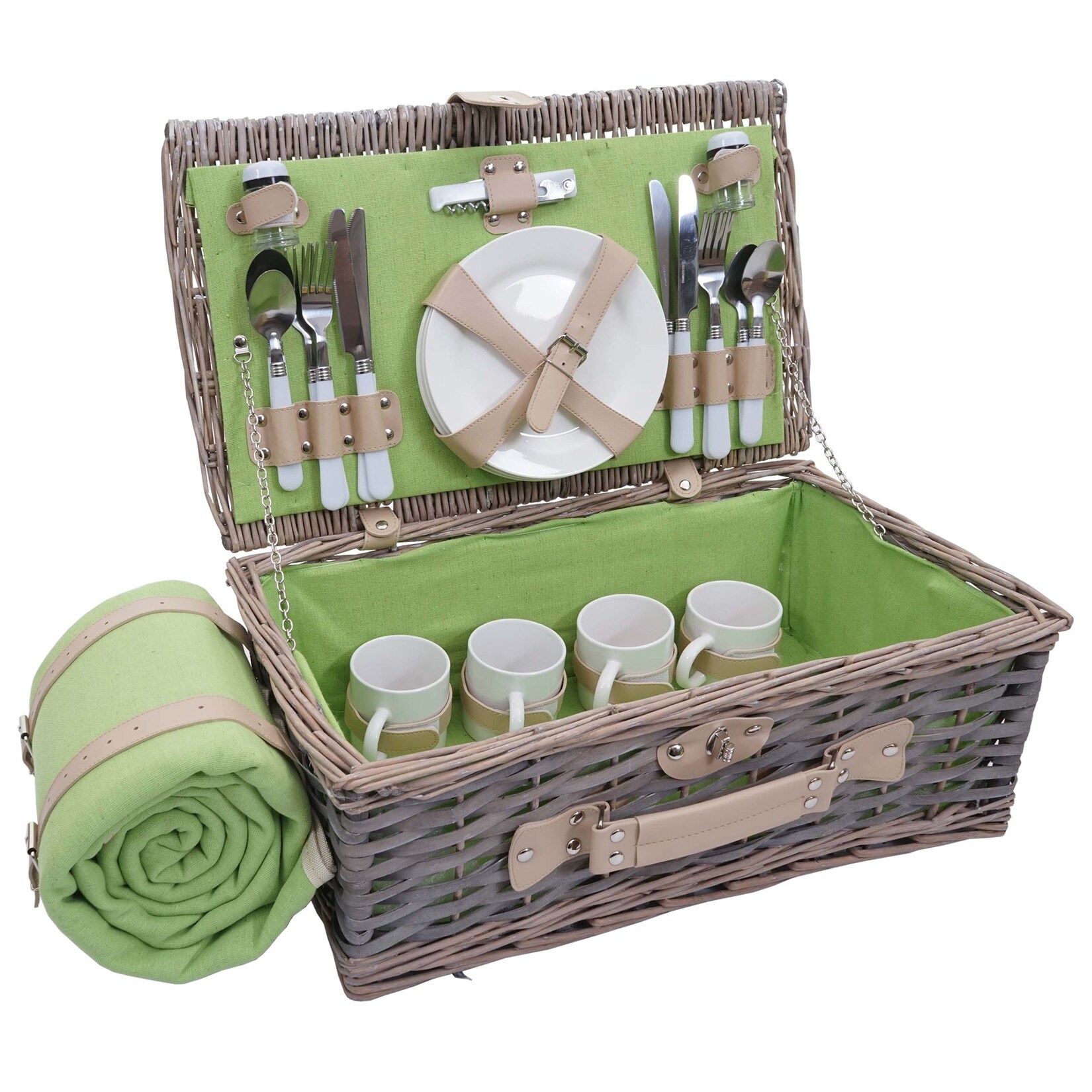 Picknickkorb-Set MCW-B24 für 4 Personen, Weiden-Korb, Porzellan Edelstahl ~ grau-grün