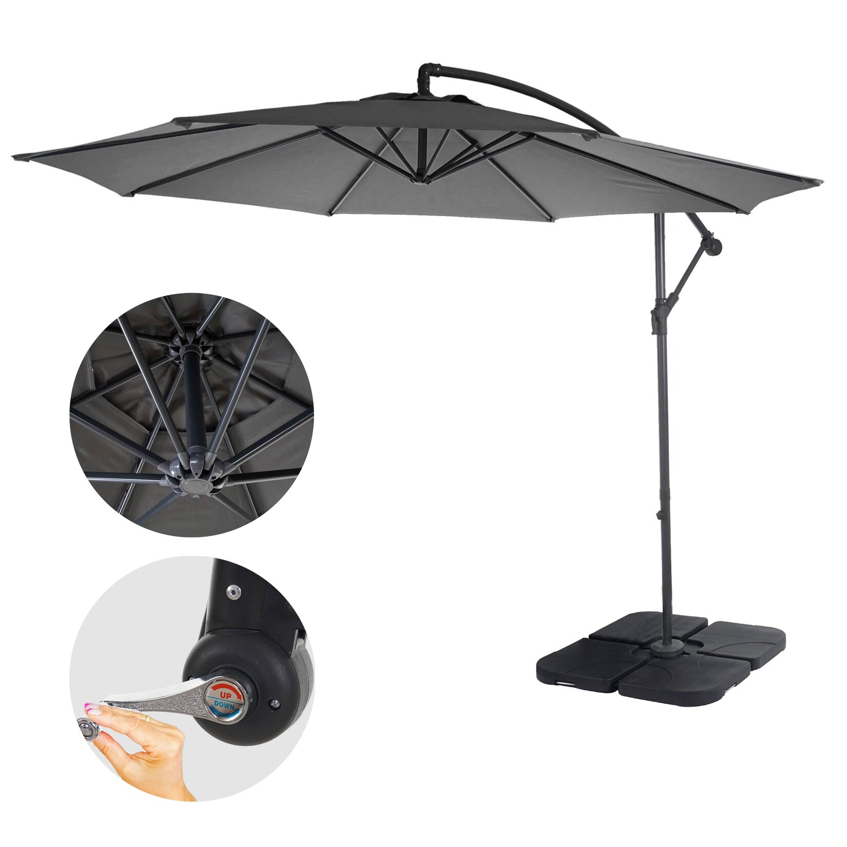 Ampelschirm Terni, Sonnenschirm Sonnenschutz, Ø 3m neigbar, Polyester/Stahl 11kg ~ grau mit Ständer