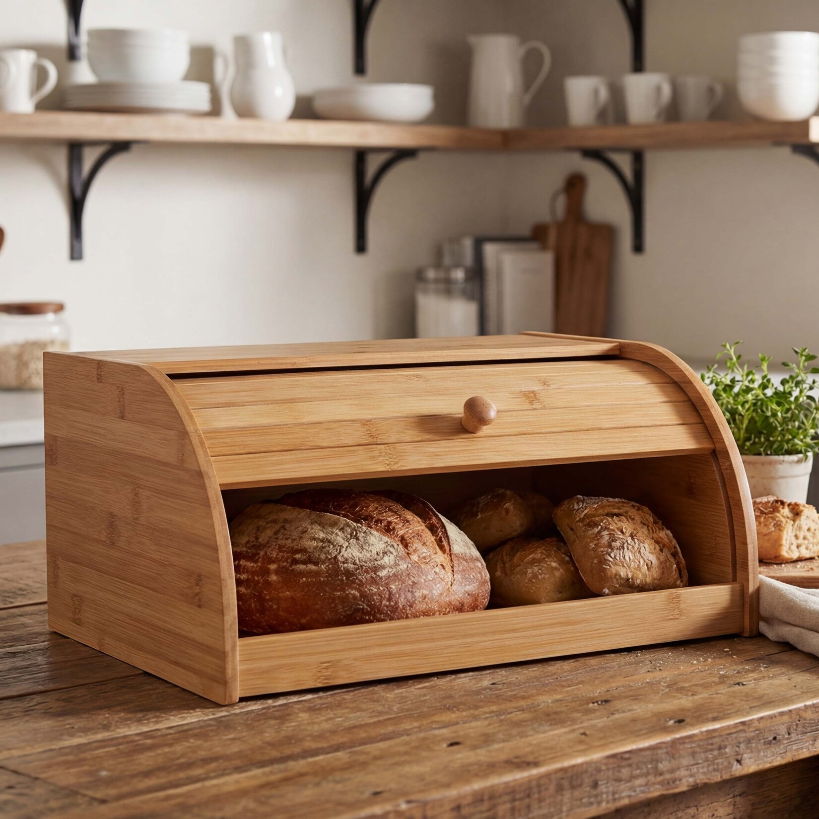 Brotkasten MCW-B80, Brotkiste Brotbehälter Brotkorb Brotaufbewahrung, Bambus Rolldeckel ~ 17x40x28cm, ohne Schublade