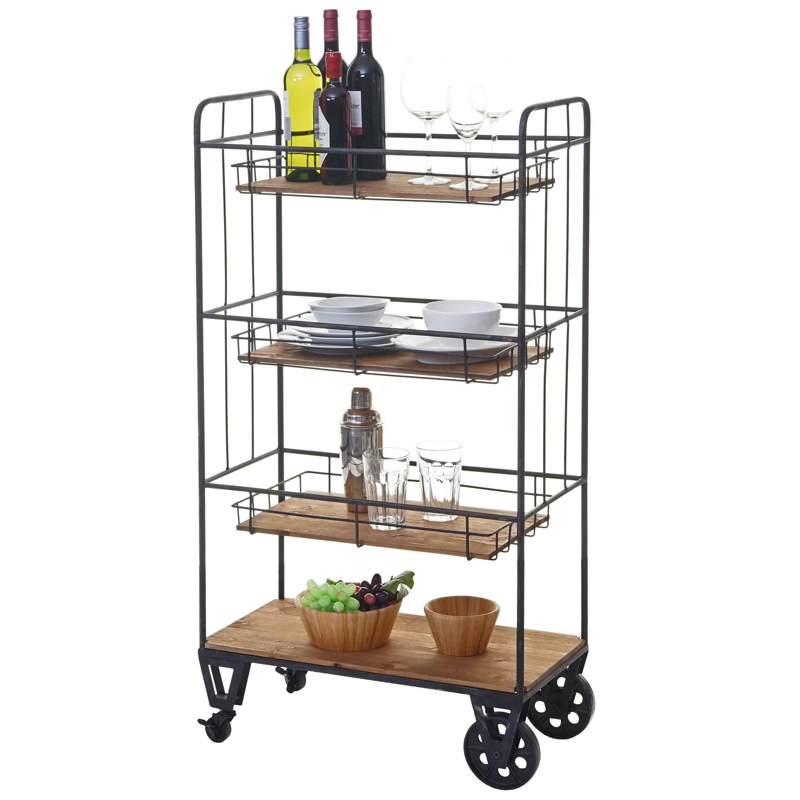 Servierwagen MCW-D78, Regal Küchenhelfer Barwagen Metallregal mit Hängekörben, 4 Ebenen Tanne Holz Vintage 120x67x32cm | 04057651275291