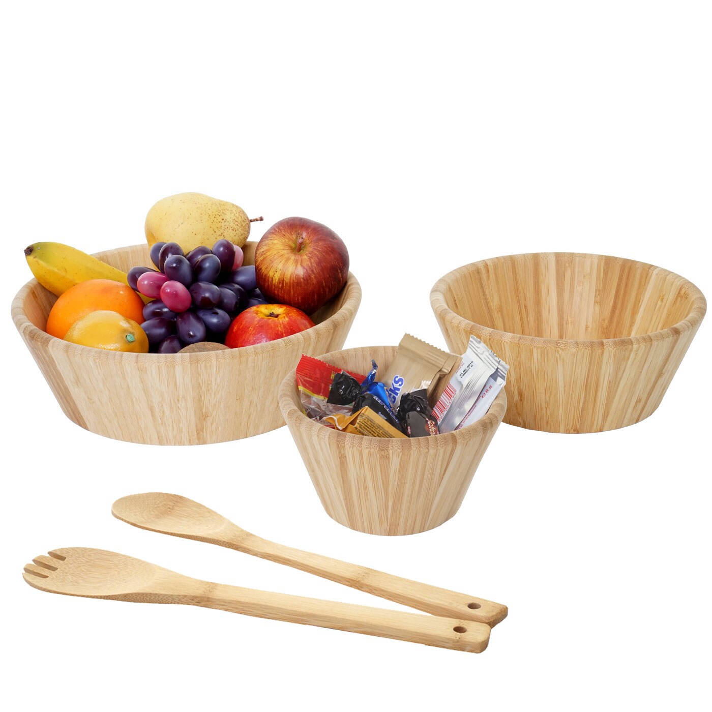 3er Set Schüssel + Salatbesteck MCW-B98, Servierschüssel Dekoschale stapelbar Servierbesteck Küchenzubehör, Bambus | 04057651275666