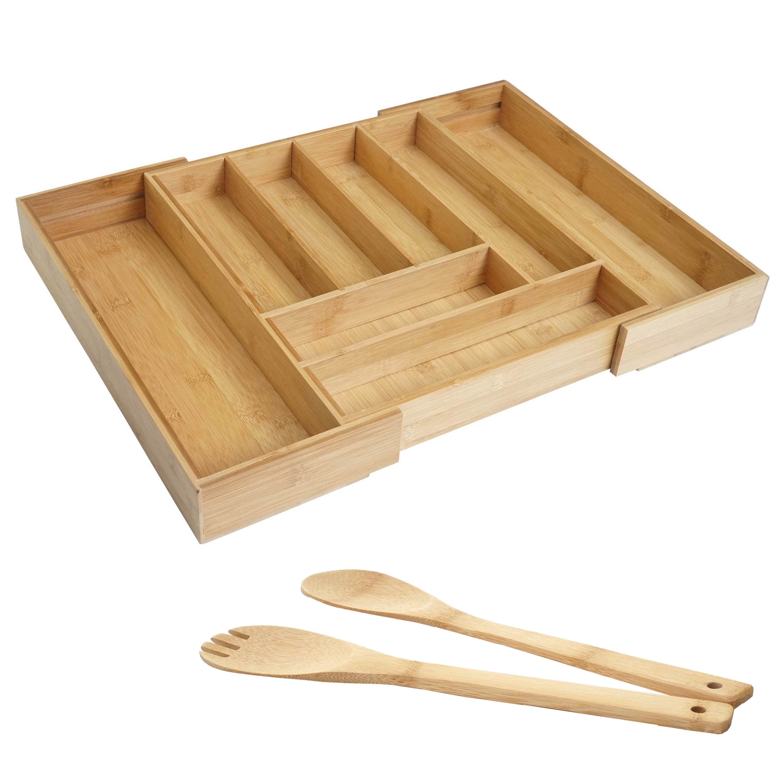 Besteckkasten + Salatbesteck MCW-B20, Schubladeneinsatz Geschirrkasten Servierbesteck K&uuml;chenzubeh&ouml;r, Bambus - Bild 1