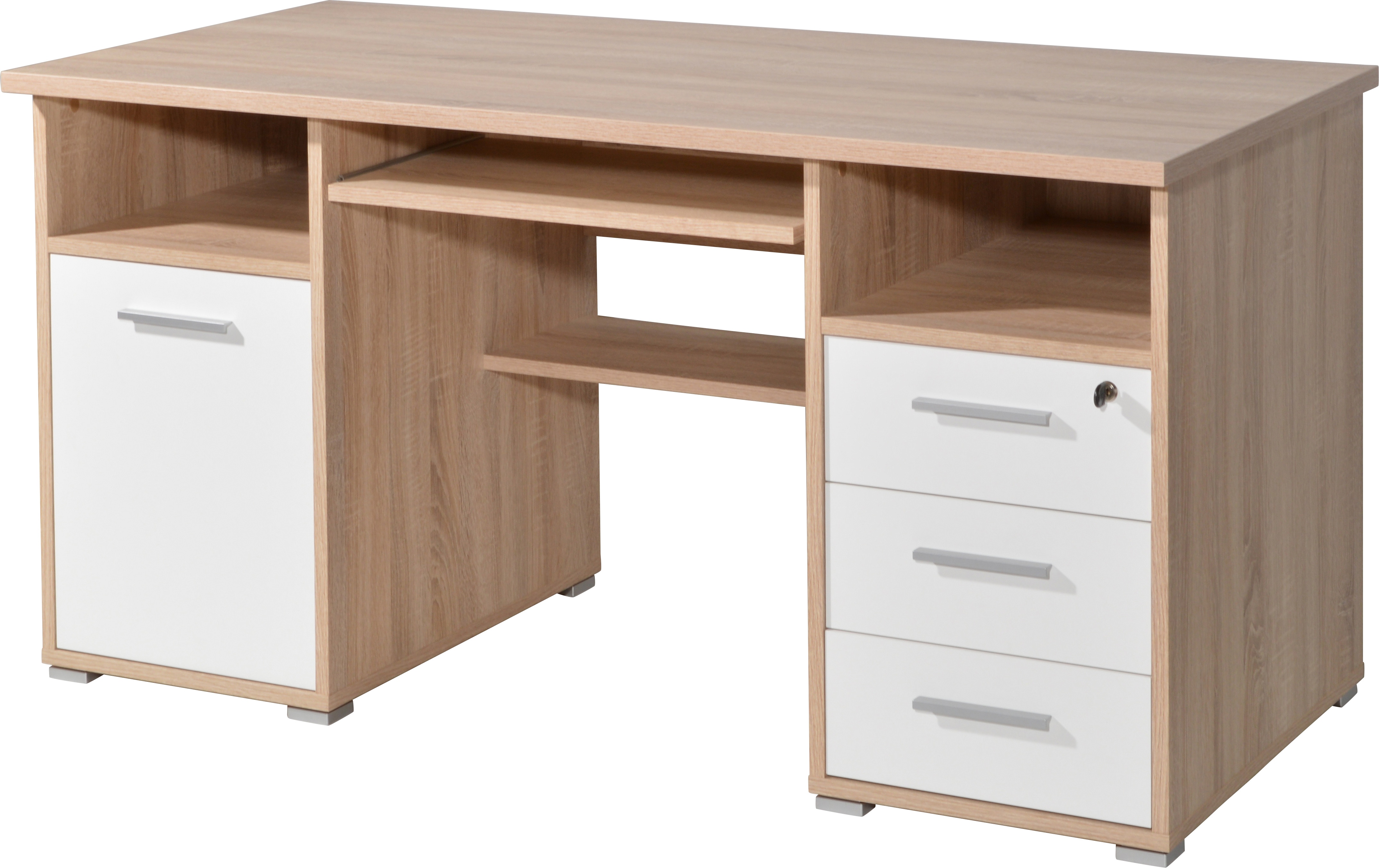 Germania Computertisch 0484-157 abschlie&szlig;bar und mit Tastaturauszug, in Sonoma-Eiche-Nachbildung/Wei&szlig;, 145 x 75 x 75 cm (BxHxT) - Bild 1