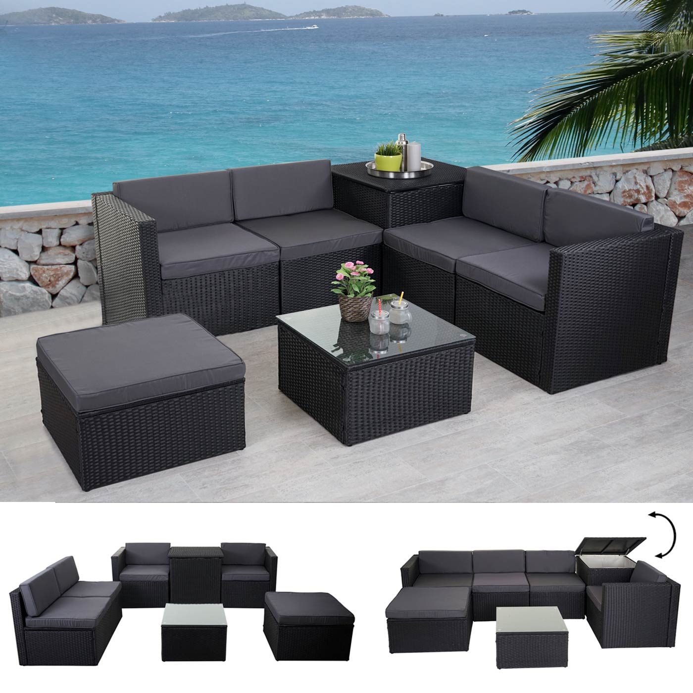 Poly-Rattan-Garnitur MCW-D21, Balkon-/Garten-/Lounge-Set Sofa Sitzgruppe, Box Staufach ~ anthrazit, Kissen dunkelgrau - Bild 1