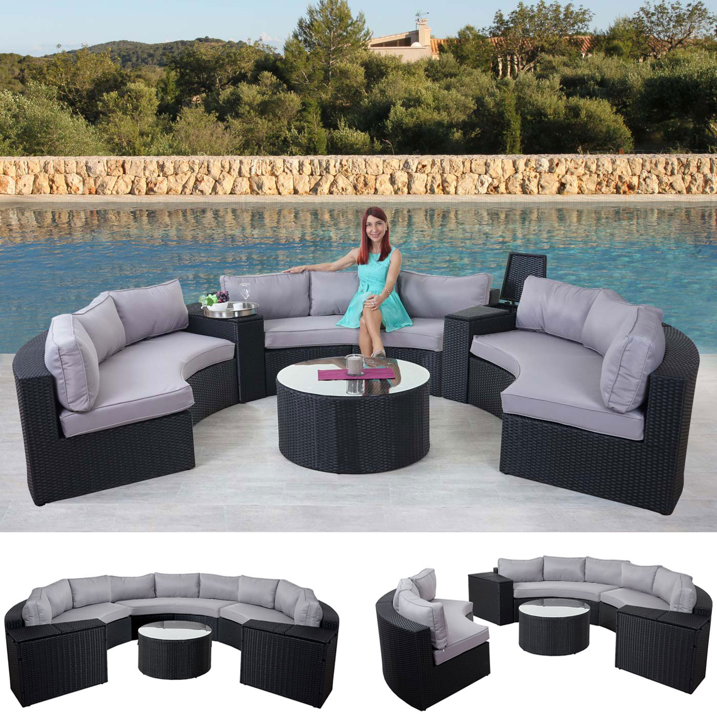Luxus Poly-Rattan-Garnitur Lier, Sitzgruppe Lounge-Set, XXL Sofa rund, anthrazit Kissen grau - Bild 1