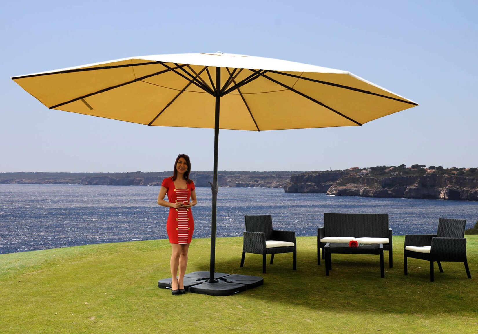 Sonnenschirm Carpi Pro, Gastronomie Marktschirm ohne Volant Ø 5m Polyester/Alu 28kg ~ creme mit Ständer