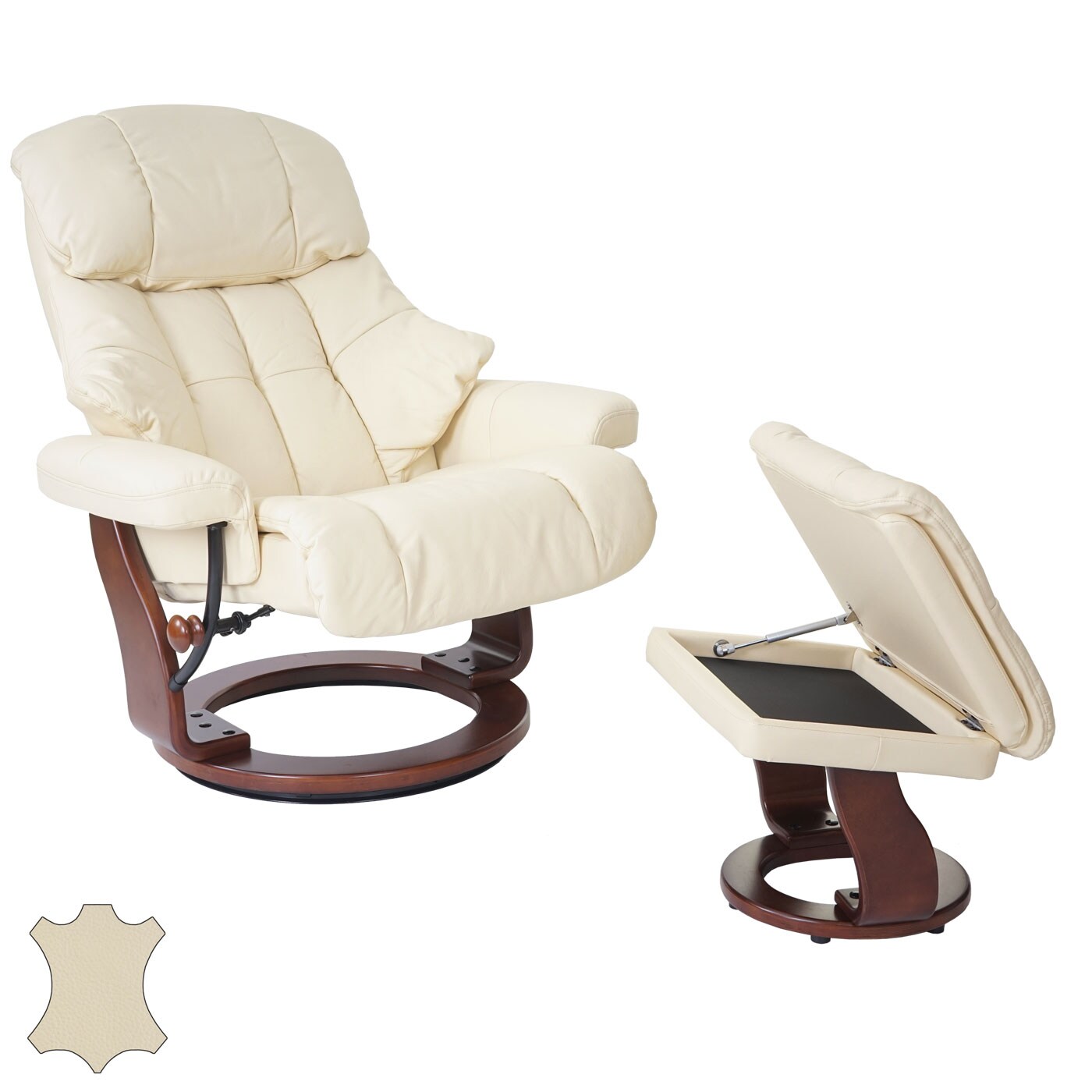 MCA Relaxsessel Windsor XXL, TV-Sessel Hocker, Echtleder 180kg belastbar ~ creme, Walnuss-Optik | 04057651172705