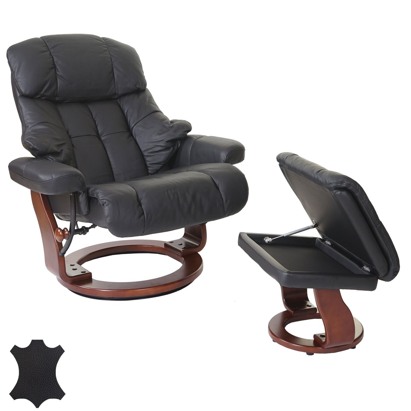 MCA Relaxsessel Windsor XXL, TV-Sessel Hocker, Echtleder 180kg belastbar ~ schwarz, Walnuss-Optik - Bild 1