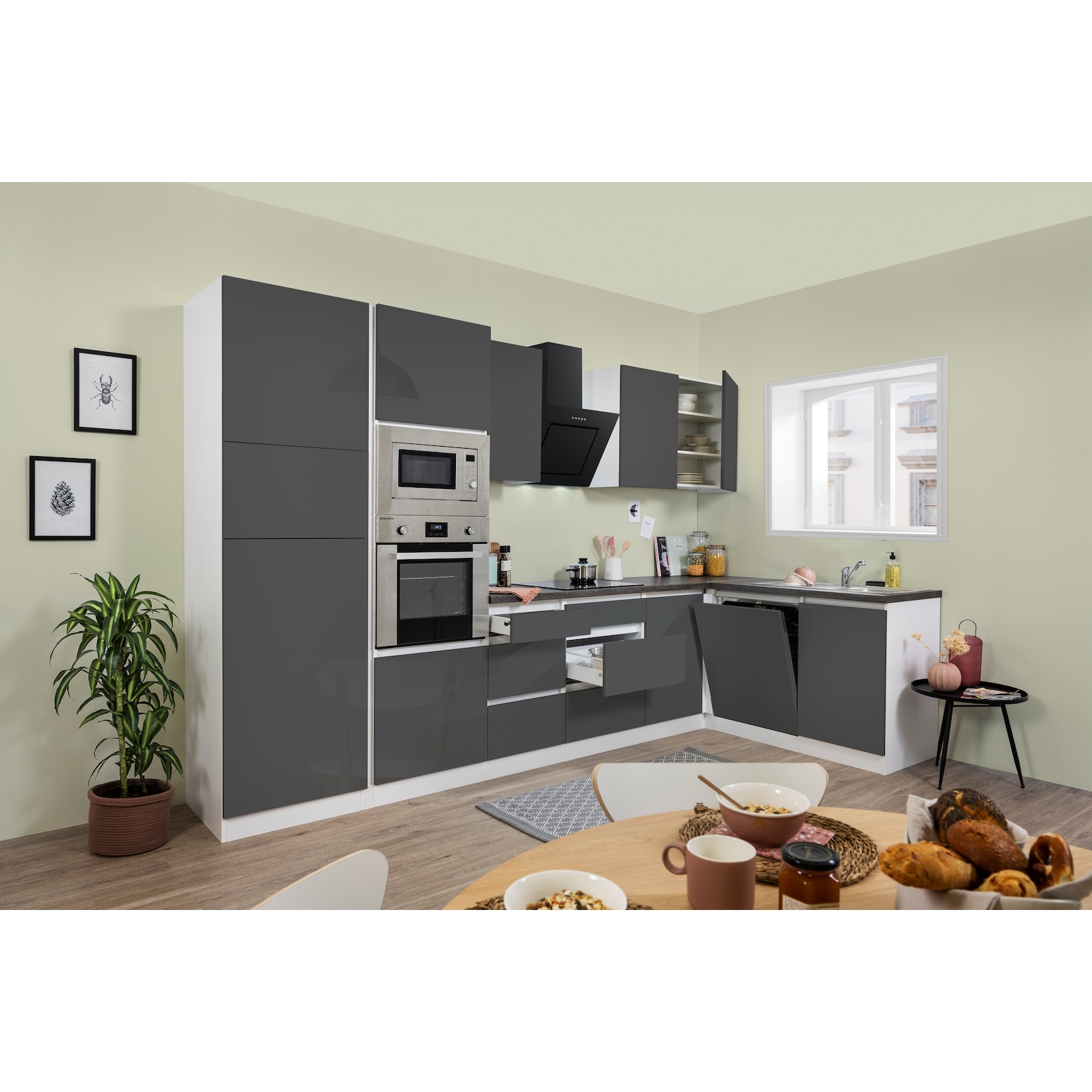 Winkelküche Küchenzeile Küche L-Form Küche grifflos schwarz 345x172 cm respekta 