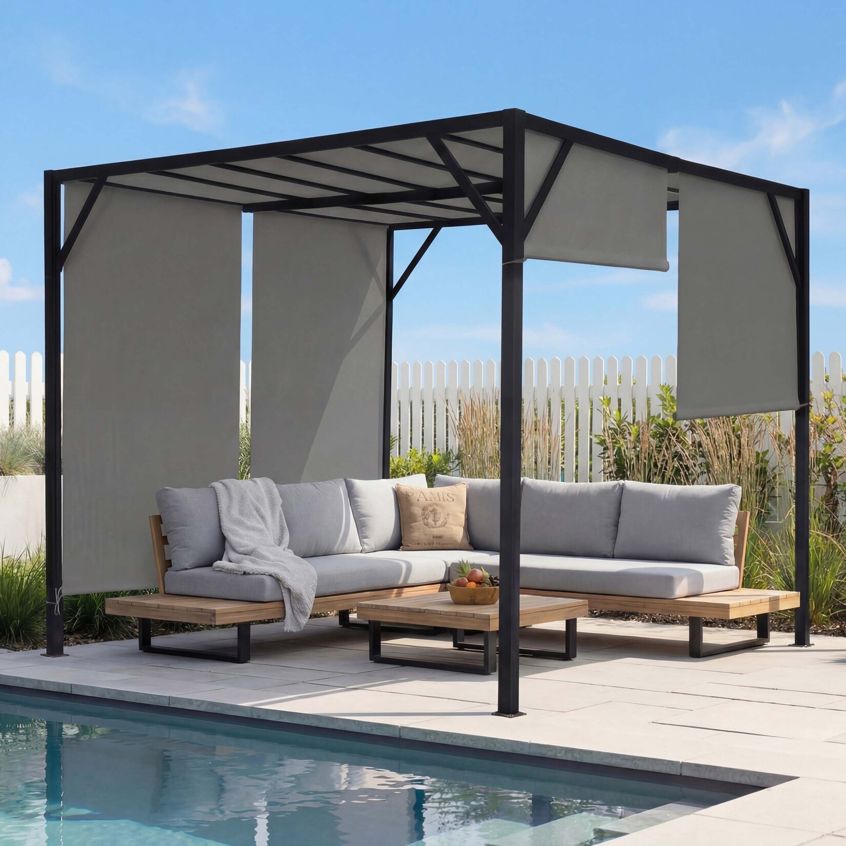 Pergola Beja, Garten Pavillon Terrassenüberdachung, stabiles 6cm-Stahl-Gestell + Schiebedach grau ~ 3x3m