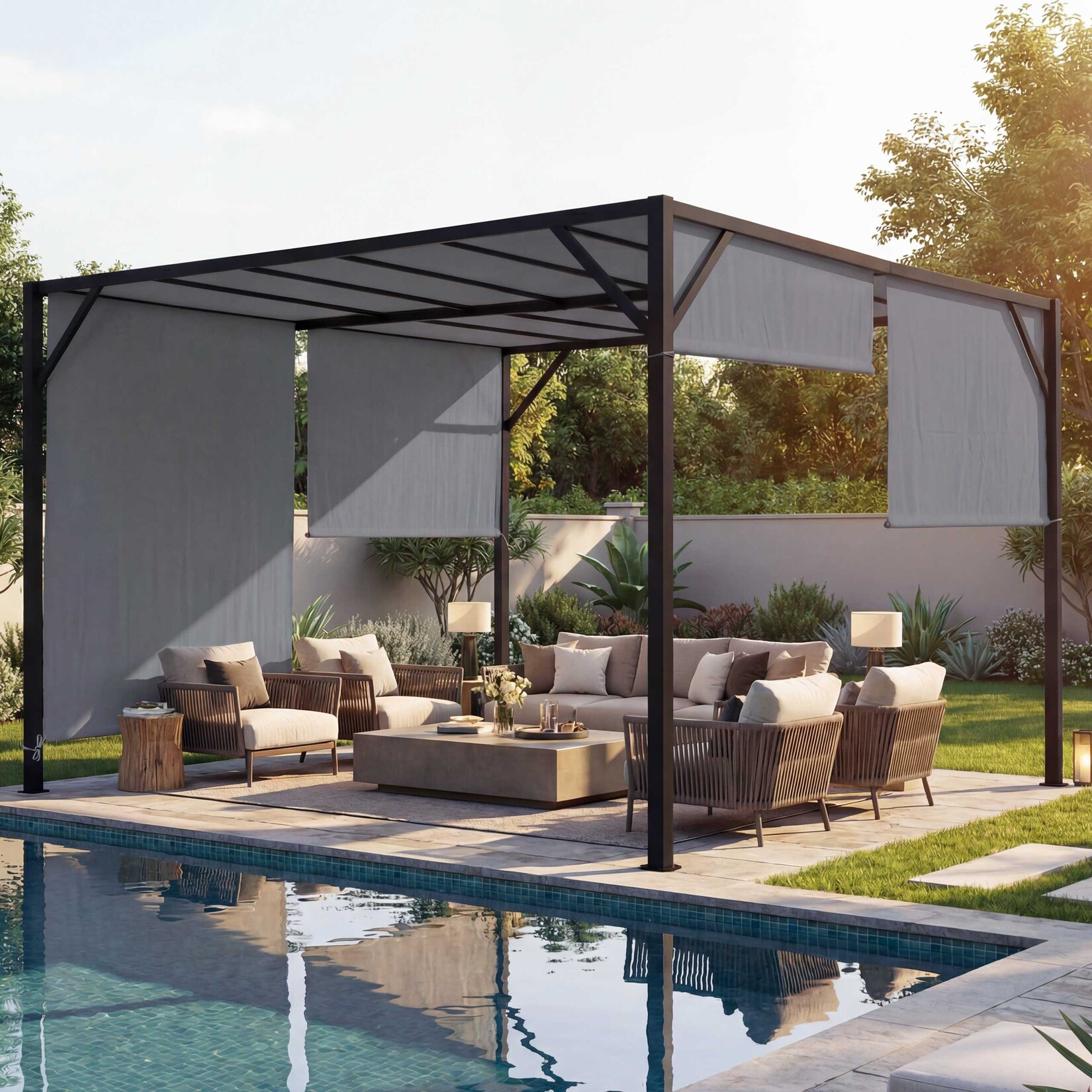 Pergola Beja, Garten Pavillon Terrassenüberdachung, stabiles 6cm-Stahl-Gestell + Schiebedach grau ~ 4x3m