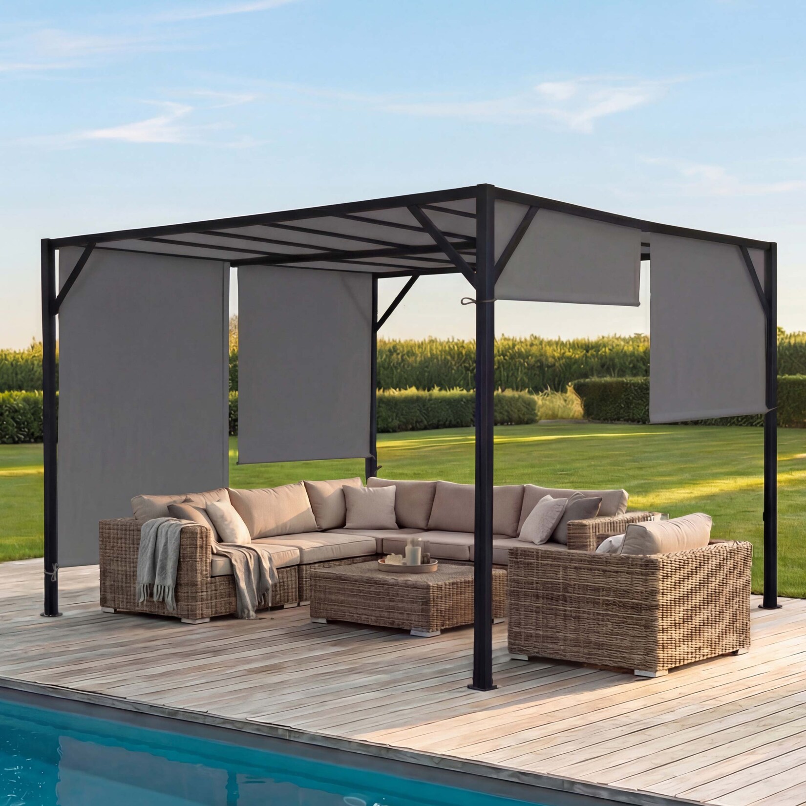 Pergola Beja, Garten Pavillon Terrassenüberdachung, stabiles 6cm-Stahl-Gestell + Schiebedach grau ~ 4x4m