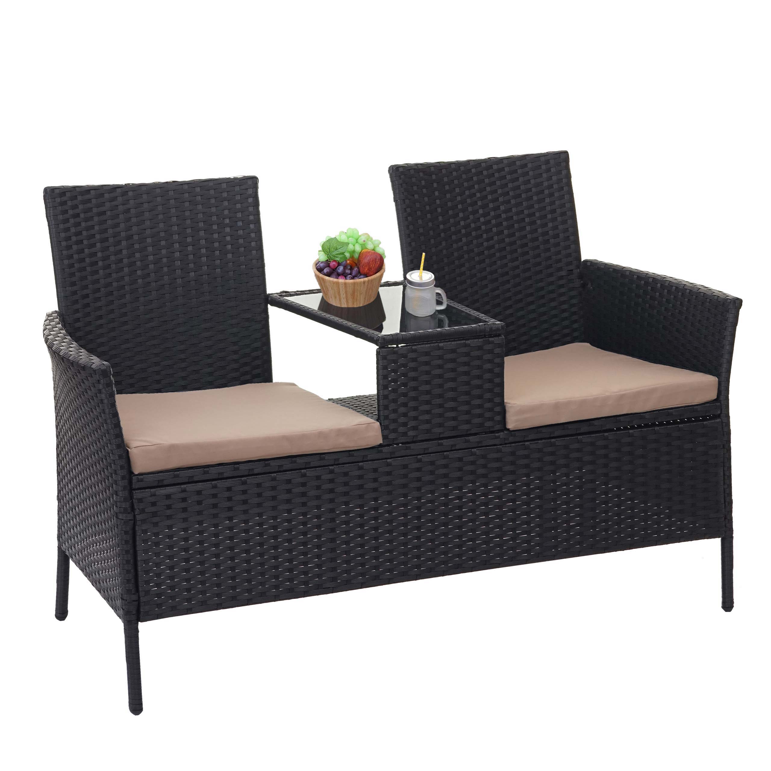 Poly-Rattan Sitzbank mit Tisch MCW-E24, Gartenbank Sitzgruppe Gartensofa, 132cm ~ schwarz, Kissen creme - Bild 1
