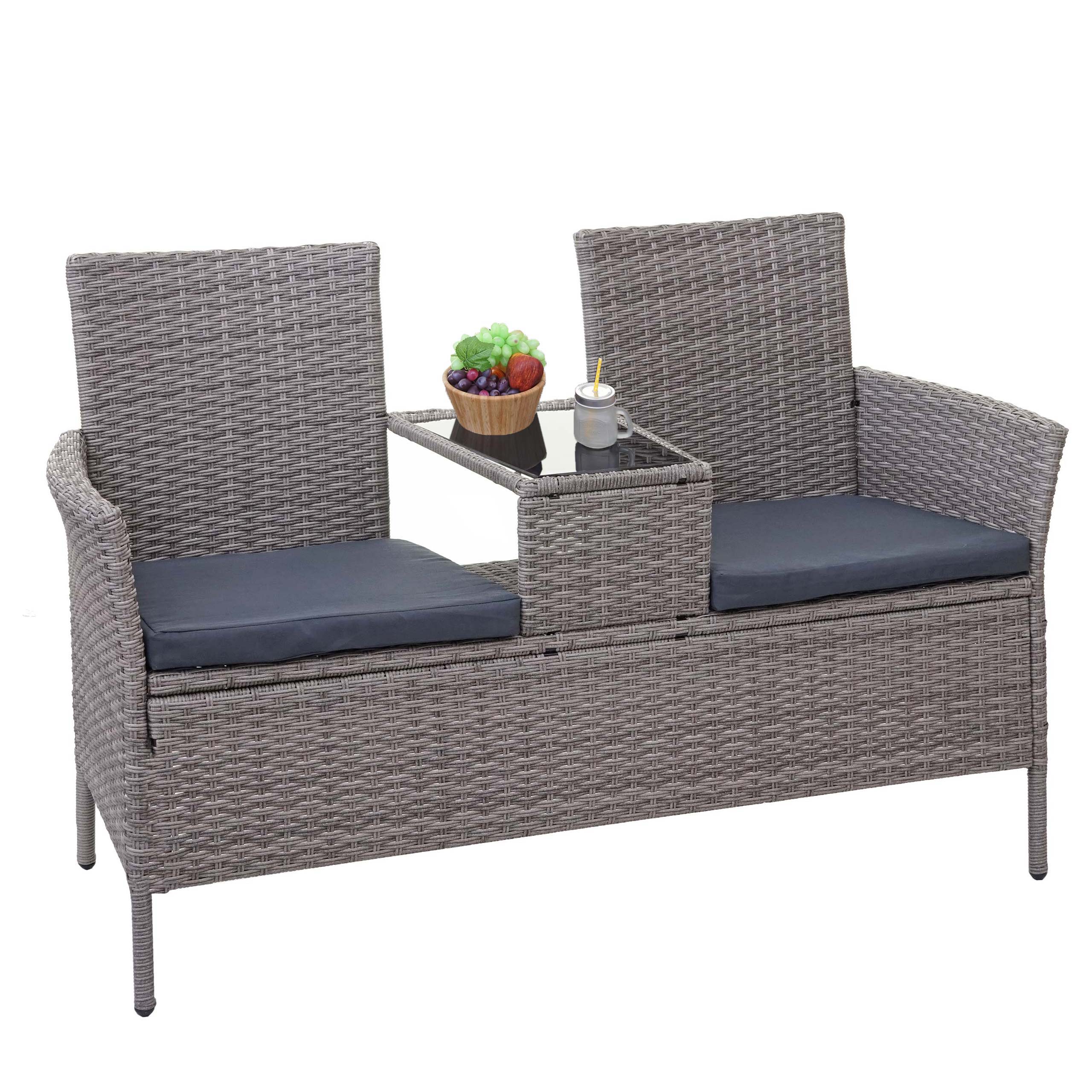 Poly-Rattan Sitzbank mit Tisch MCW-E24, Gartenbank Sitzgruppe Gartensofa, 132cm ~ grau, Kissen dunkelgrau - Bild 1