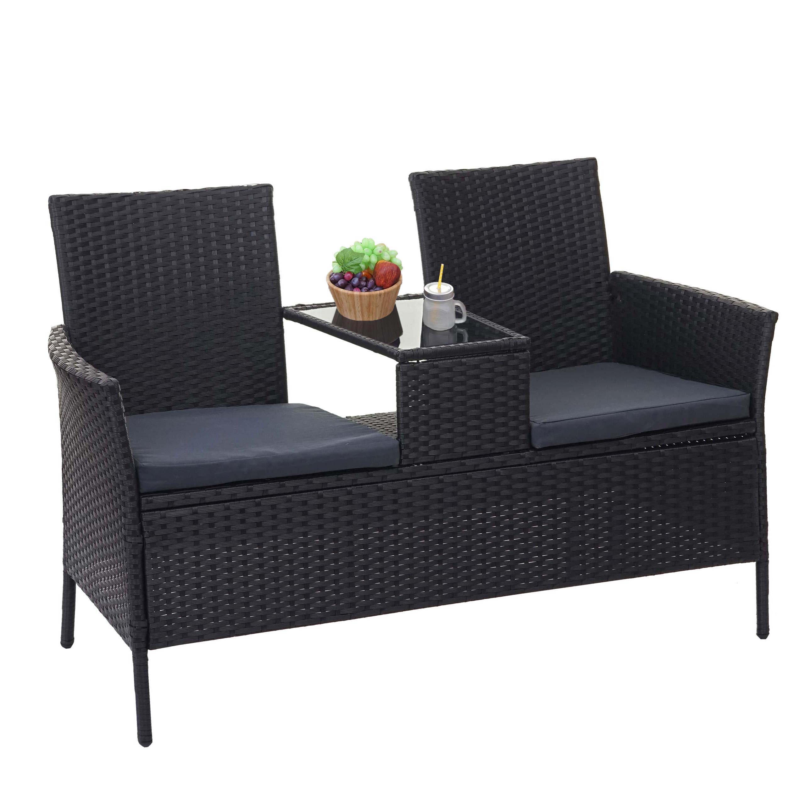 Poly-Rattan Sitzbank mit Tisch MCW-E24, Gartenbank Sitzgruppe Gartensofa, 132cm ~ schwarz, Kissen dunkelgrau - Bild 1