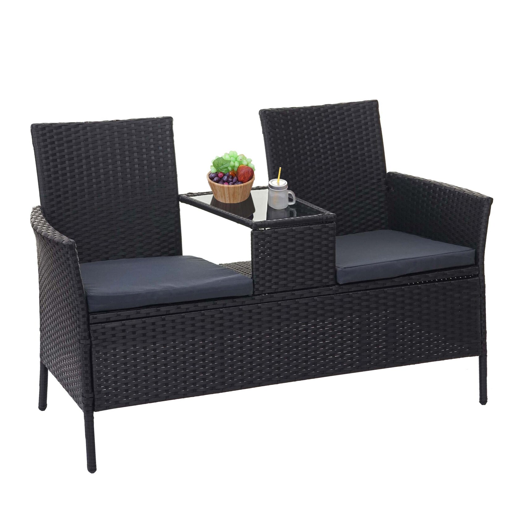 Poly-Rattan Sitzbank mit Tisch MCW-E24, Gartenbank Sitzgruppe Gartensofa, 132cm ~ schwarz, Kissen dunkelgrau