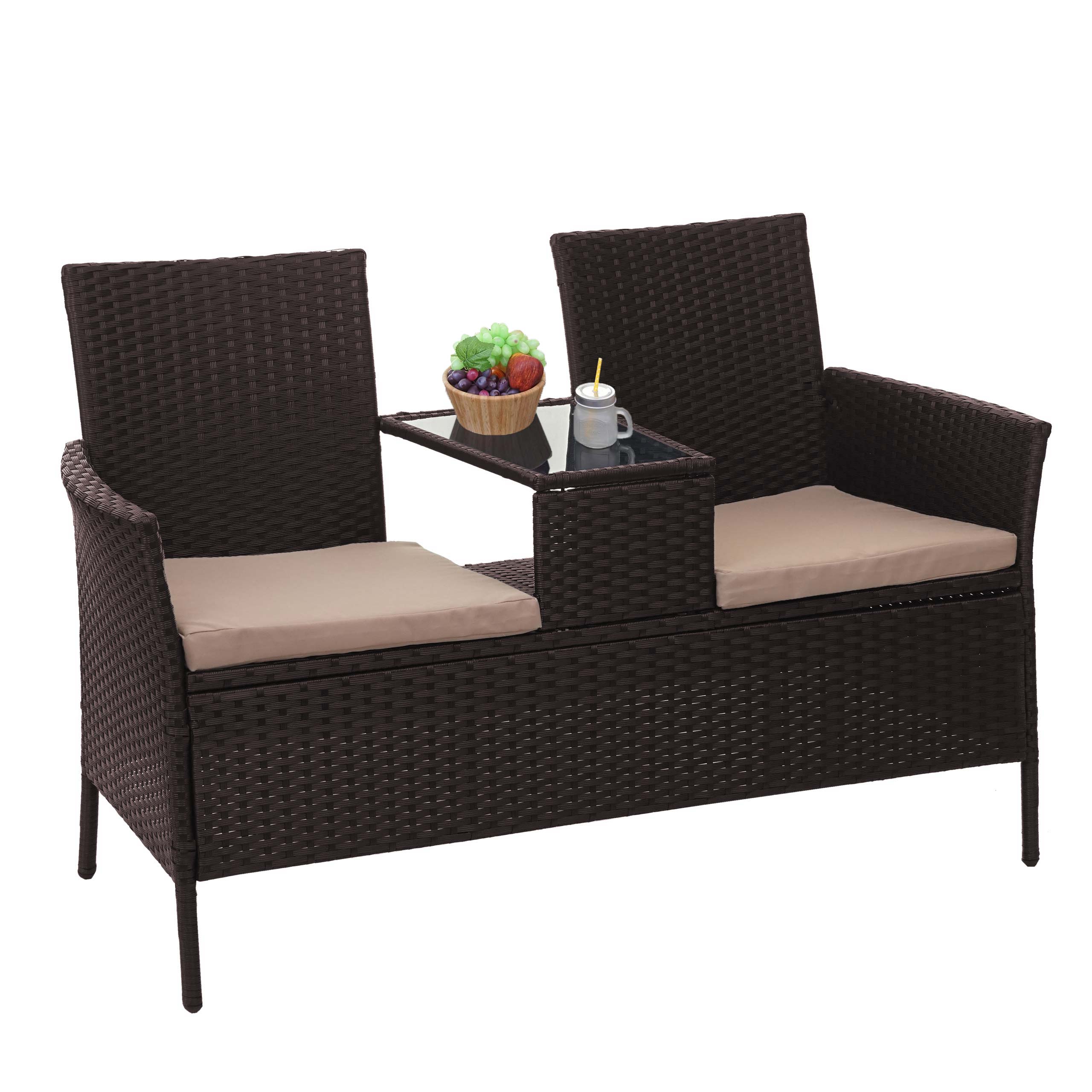 Poly-Rattan Sitzbank mit Tisch MCW-E24, Gartenbank Sitzgruppe Gartensofa, 132cm ~ braun, Kissen creme - Bild 1