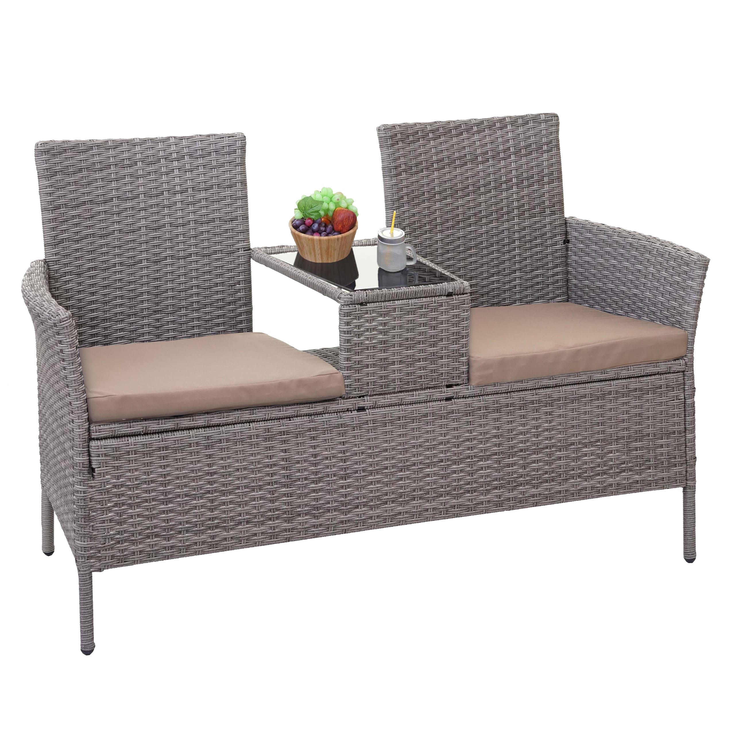 Poly-Rattan Sitzbank mit Tisch MCW-E24, Gartenbank Sitzgruppe Gartensofa, 132cm ~ grau, Kissen creme - Bild 1