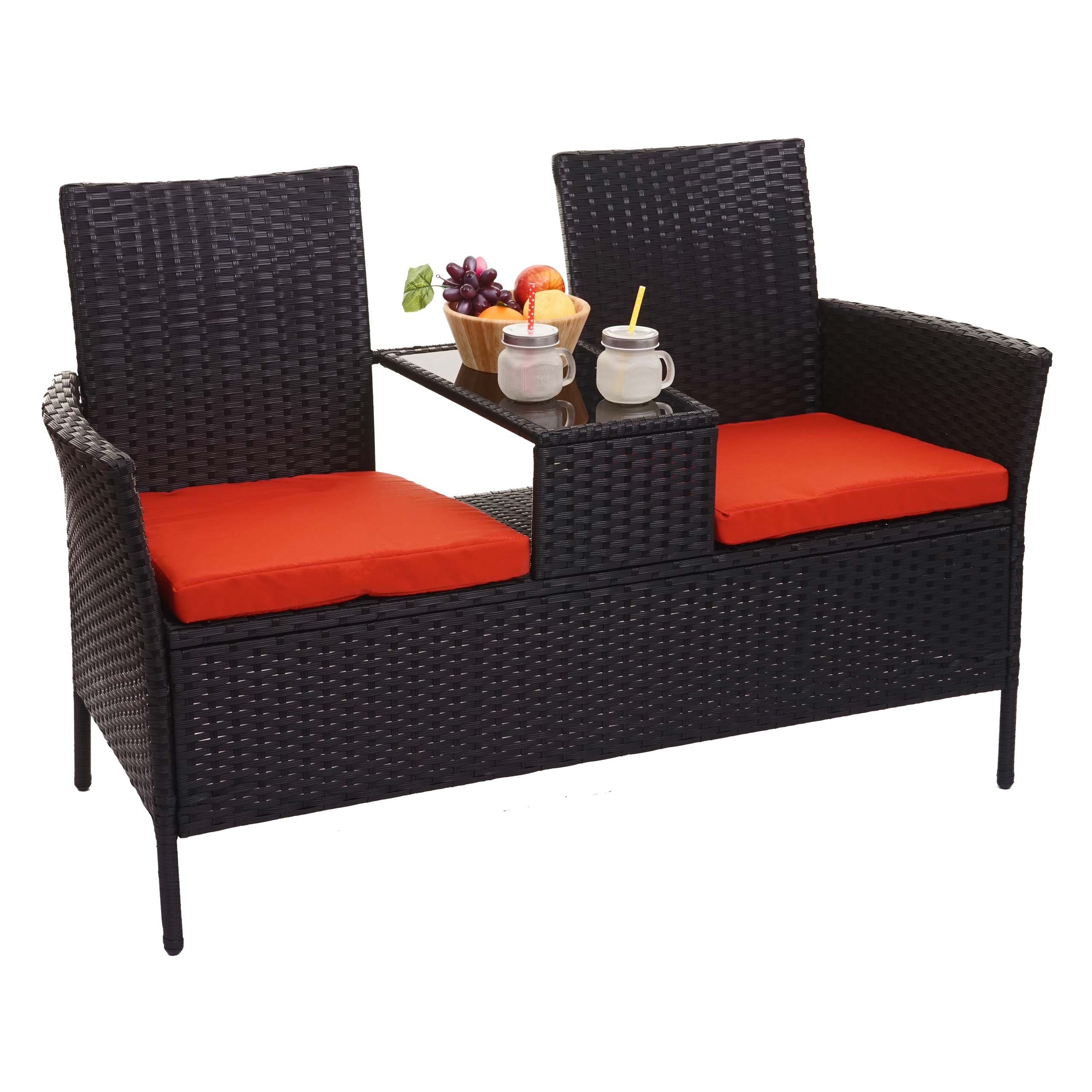 Poly-Rattan Sitzbank mit Tisch MCW-E24, Gartenbank Sitzgruppe Gartensofa, 132cm ~ schwarz, Kissen terracotta - Bild 1