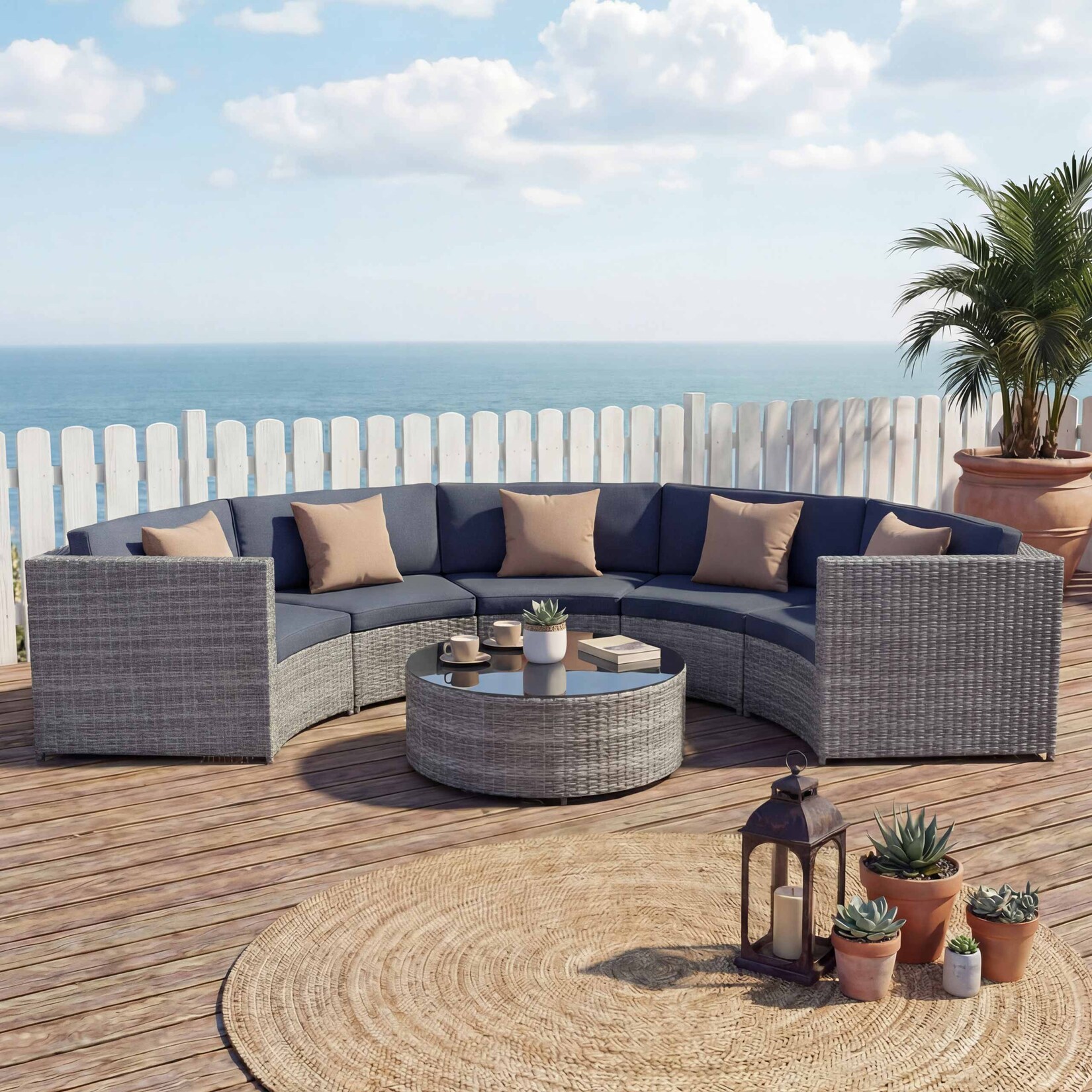 Poly-Rattan Garnitur rund MCW-E17, Garten-Set Sitzgruppe ~ grau, Polster dunkelgrau, Kissen beige