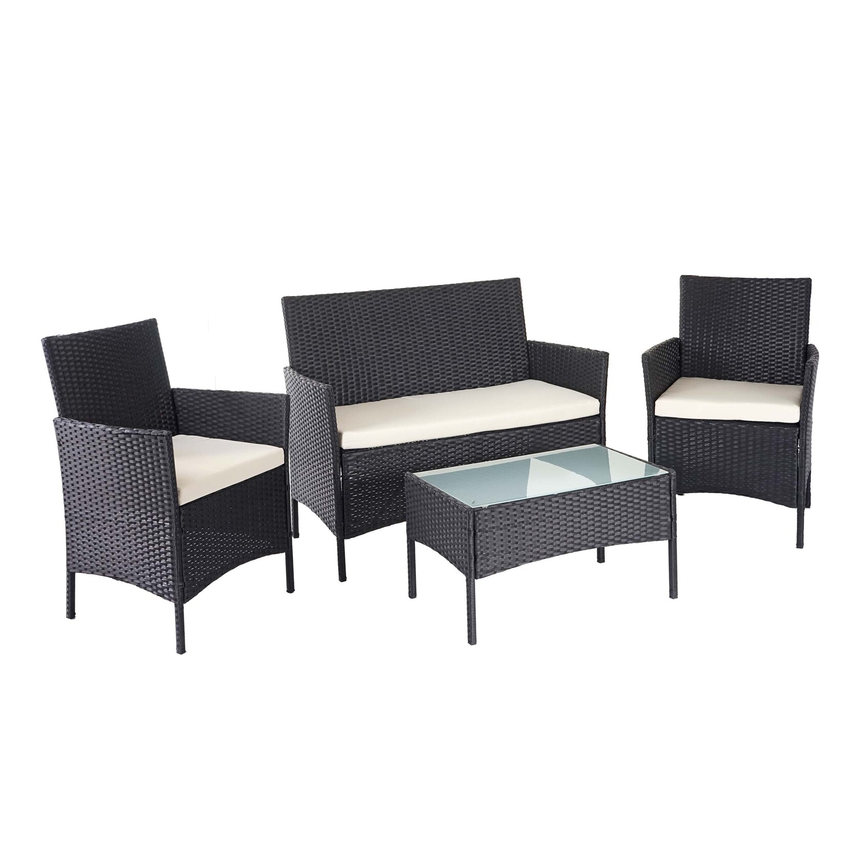 Poly-Rattan Garten-Garnitur MCW-D82, Sitzgruppe Lounge-Set ~ schwarz mit Kissen creme | 04057651334219