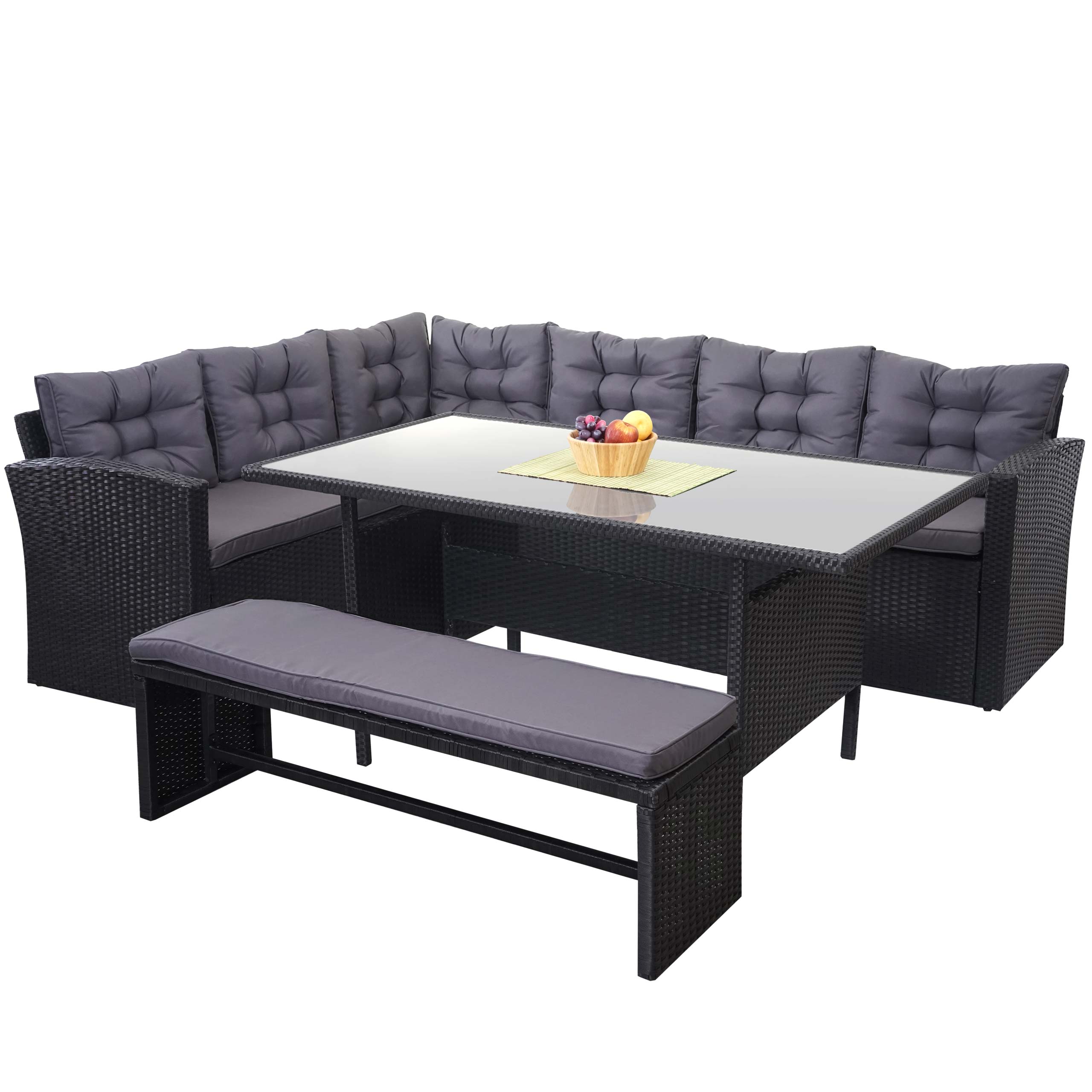 Poly-Rattan-Garnitur MCW-A29, Gartengarnitur Sitzgruppe Lounge-Esstisch-Set, schwarz ~ Kissen dunkelgrau, mit Bank - Bild 1