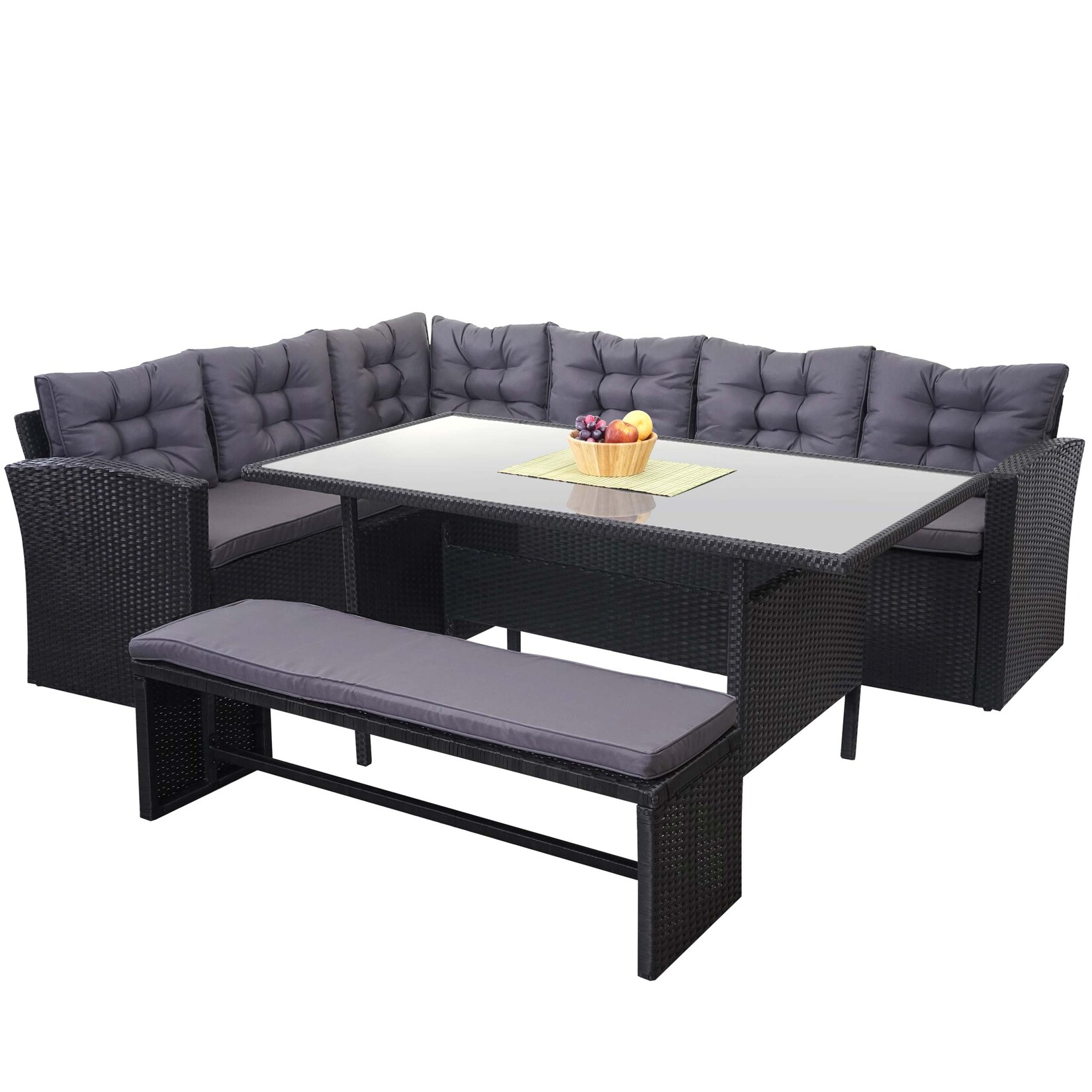 Poly-Rattan-Garnitur MCW-A29, Gartengarnitur Sitzgruppe Lounge-Esstisch-Set, schwarz ~ Kissen dunkelgrau, mit Bank | 04057651292472