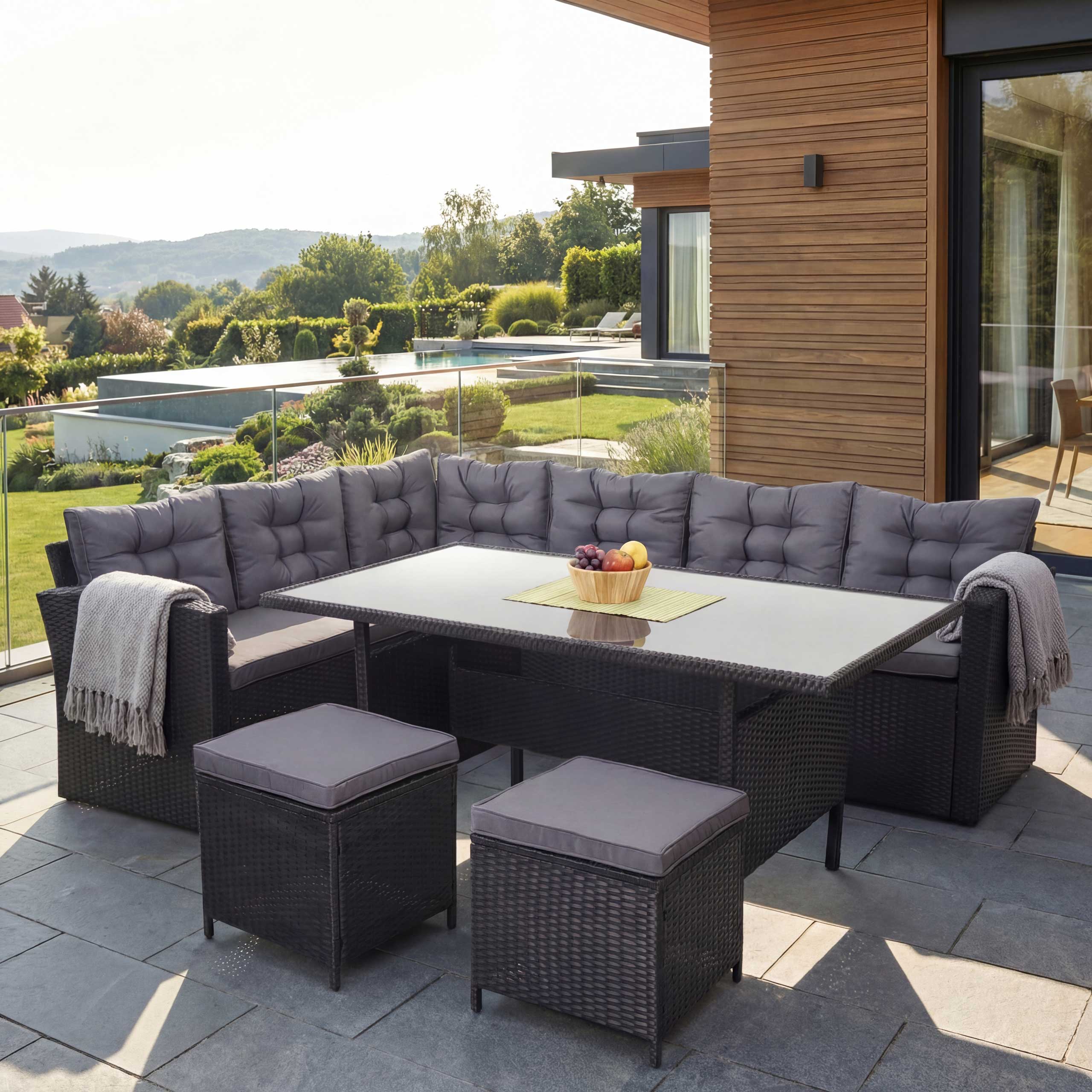 Poly-Rattan-Garnitur MCW-A29, Gartengarnitur Sitzgruppe Lounge-Esstisch-Set, schwarz ~ Kissen dunkelgrau, mit 2x Hocker - Bild 1