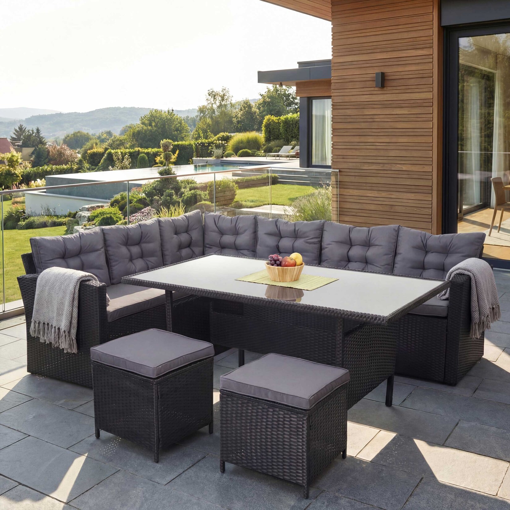 Poly-Rattan-Garnitur MCW-A29, Gartengarnitur Sitzgruppe Lounge-Esstisch-Set, schwarz ~ Kissen dunkelgrau, mit 2x Hocker