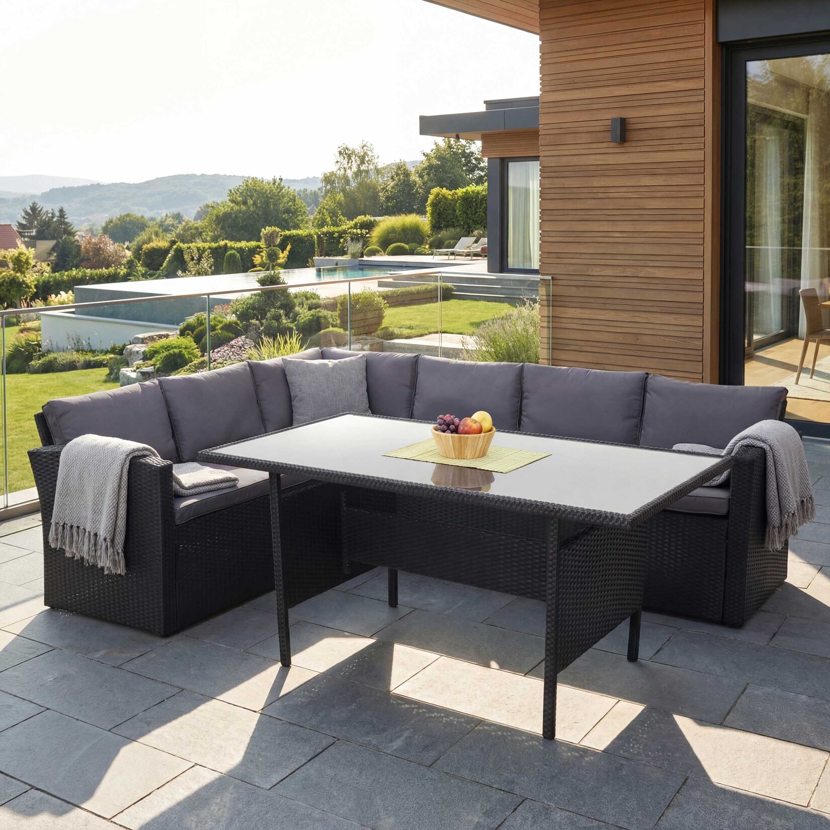 Poly-Rattan-Garnitur MCW-A29, Gartengarnitur Sitzgruppe Lounge-Esstisch-Set, schwarz ~ Kissen dunkelgrau