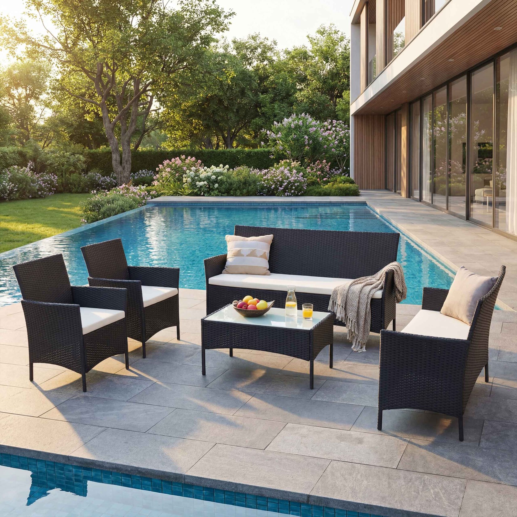 3-2-1-1 Poly-Rattan Garten-Garnitur Hamar, Lounge-Set Sitzgruppe Sofa ~ anthrazit, Kissen creme