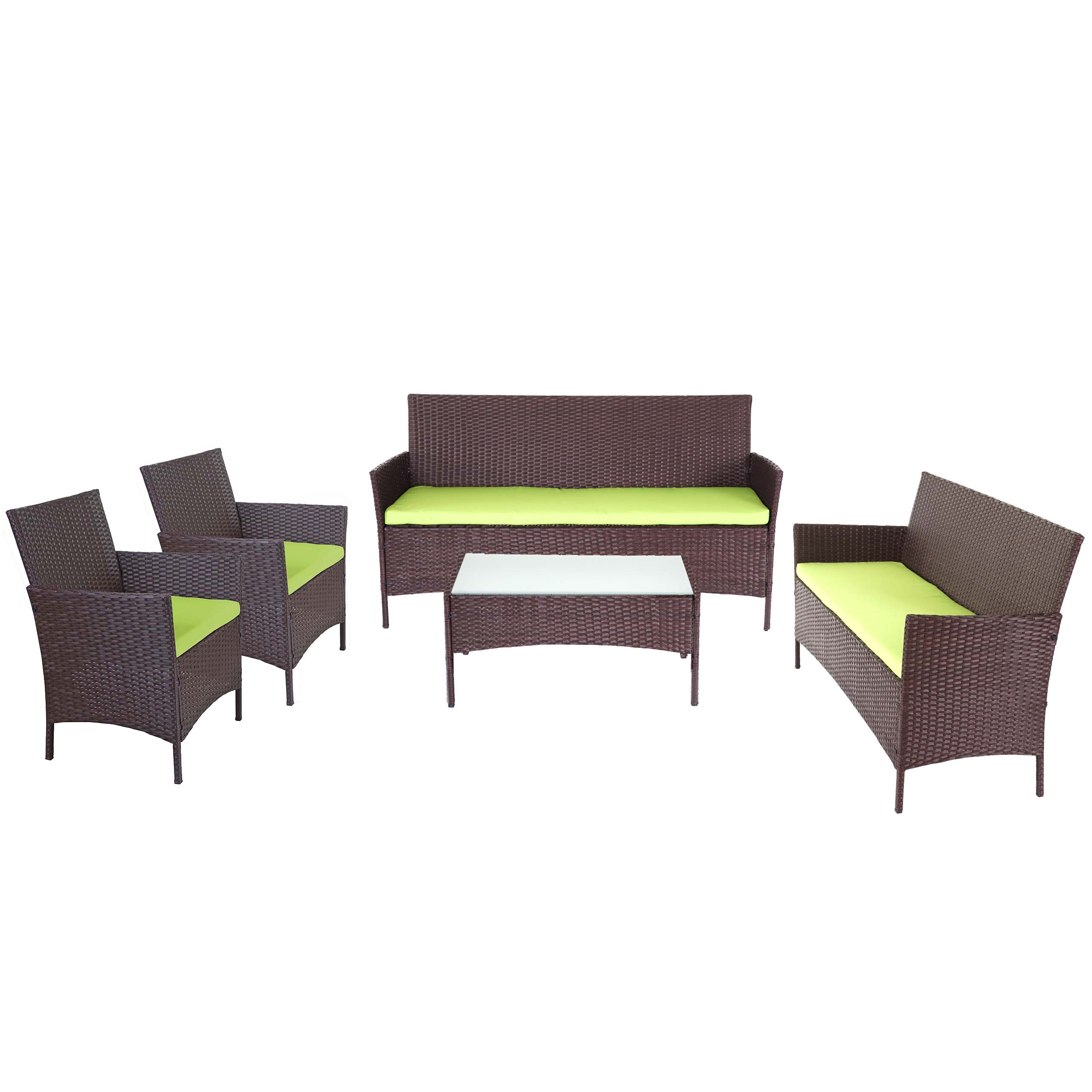 3-2-1-1 Poly-Rattan Garten-Garnitur Hamar, Lounge-Set Sitzgruppe Sofa ~ braun-meliert, Kissen gr&uuml;n - Bild 1