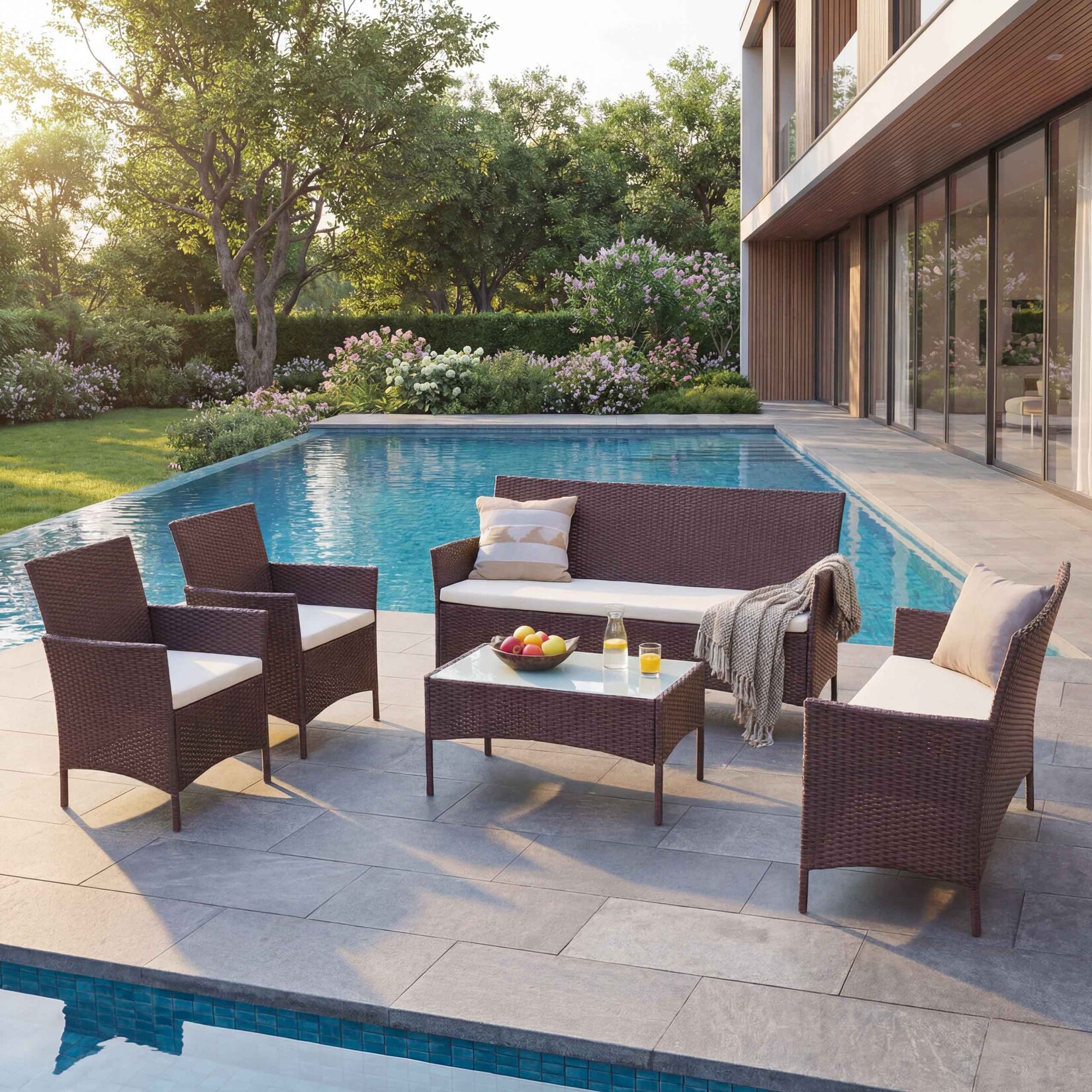 3-2-1-1 Poly-Rattan Garten-Garnitur Hamar, Lounge-Set Sitzgruppe Sofa ~ braun-meliert, Kissen creme
