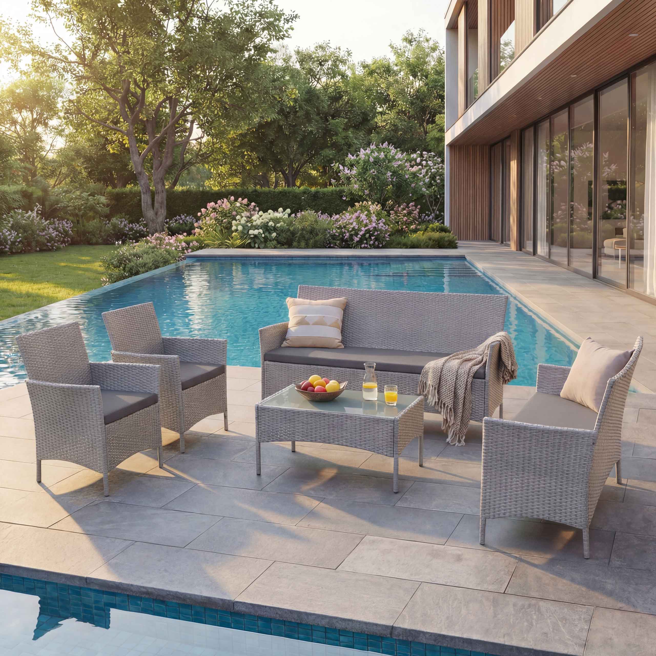 3-2-1-1 Poly-Rattan Garten-Garnitur Hamar, Lounge-Set Sitzgruppe Sofa ~ grau, Kissen anthrazit - Bild 1