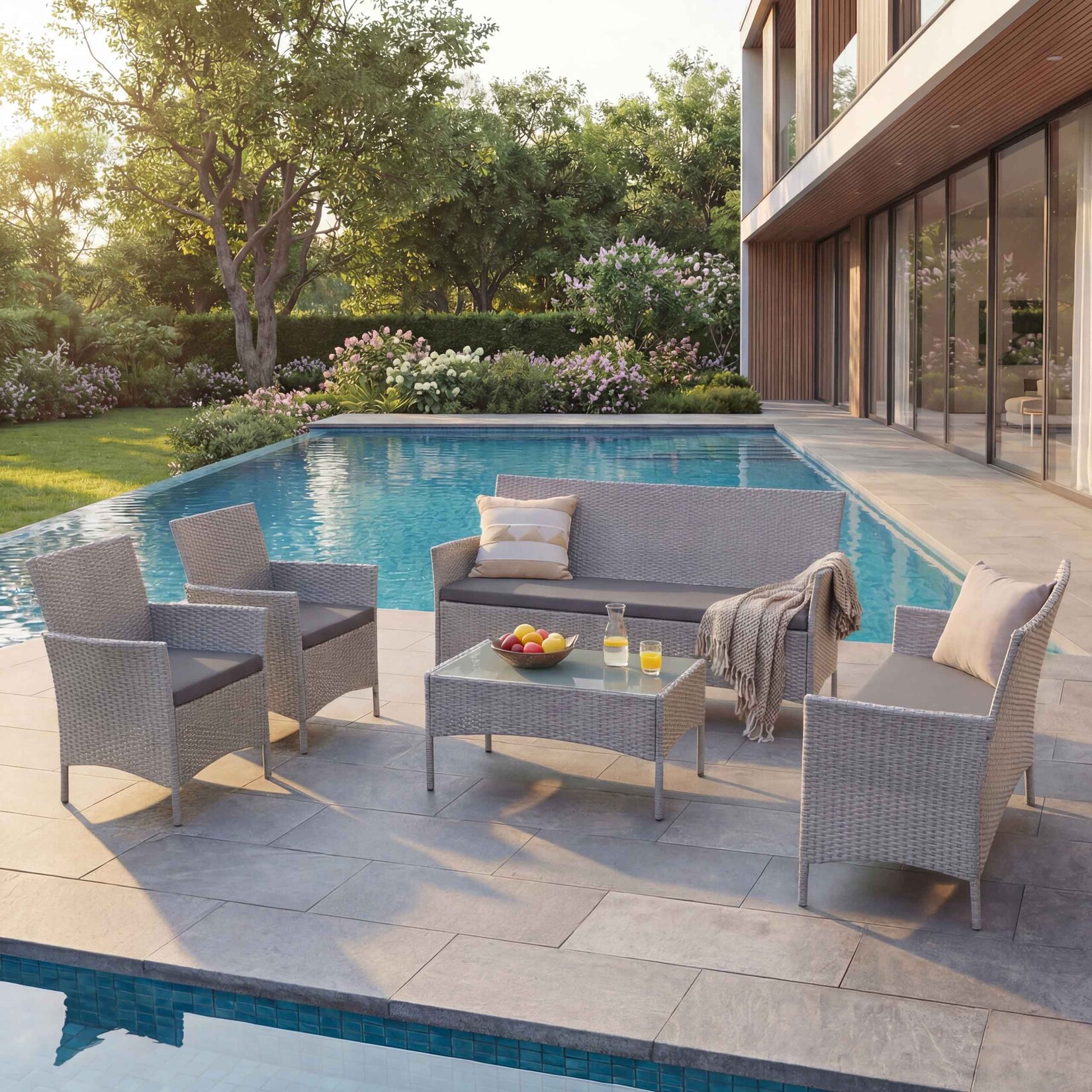 3-2-1-1 Poly-Rattan Garten-Garnitur Hamar, Lounge-Set Sitzgruppe Sofa ~ grau, Kissen anthrazit