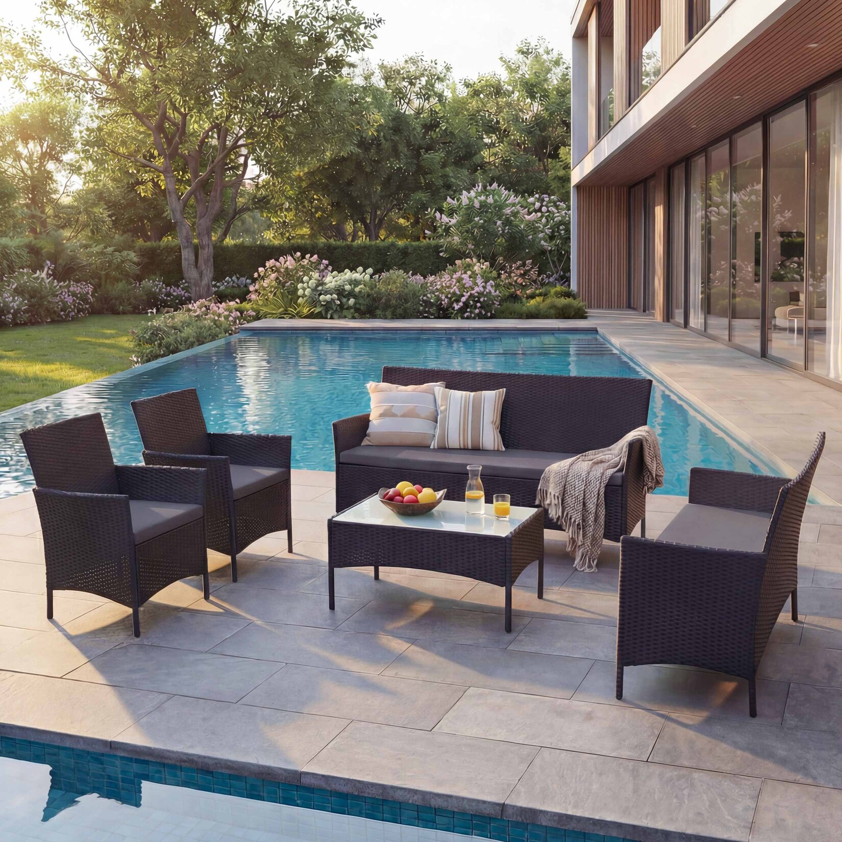 3-2-1-1 Poly-Rattan Garten-Garnitur Hamar, Lounge-Set Sitzgruppe Sofa ~ anthrazit, Kissen anthrazit