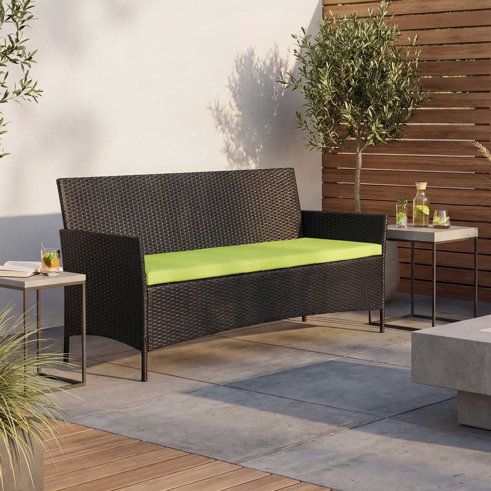 3-Sitzer Poly-Rattan Gartenbank Hamar, Sitzbank ~ anthrazit, Kissen grün