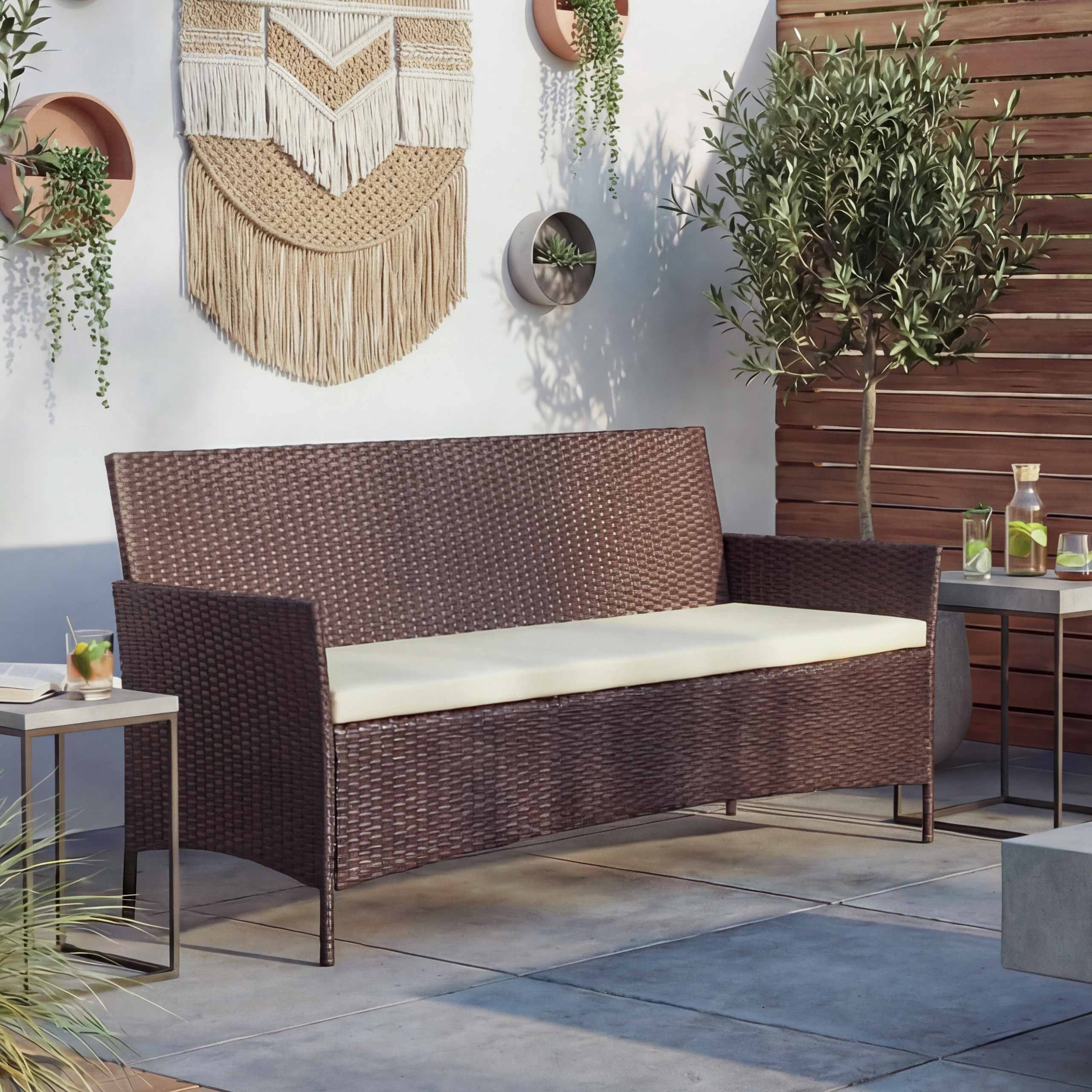 3-Sitzer Poly-Rattan Gartenbank Hamar, Sitzbank ~ braun-meliert, Kissen creme - Bild 1