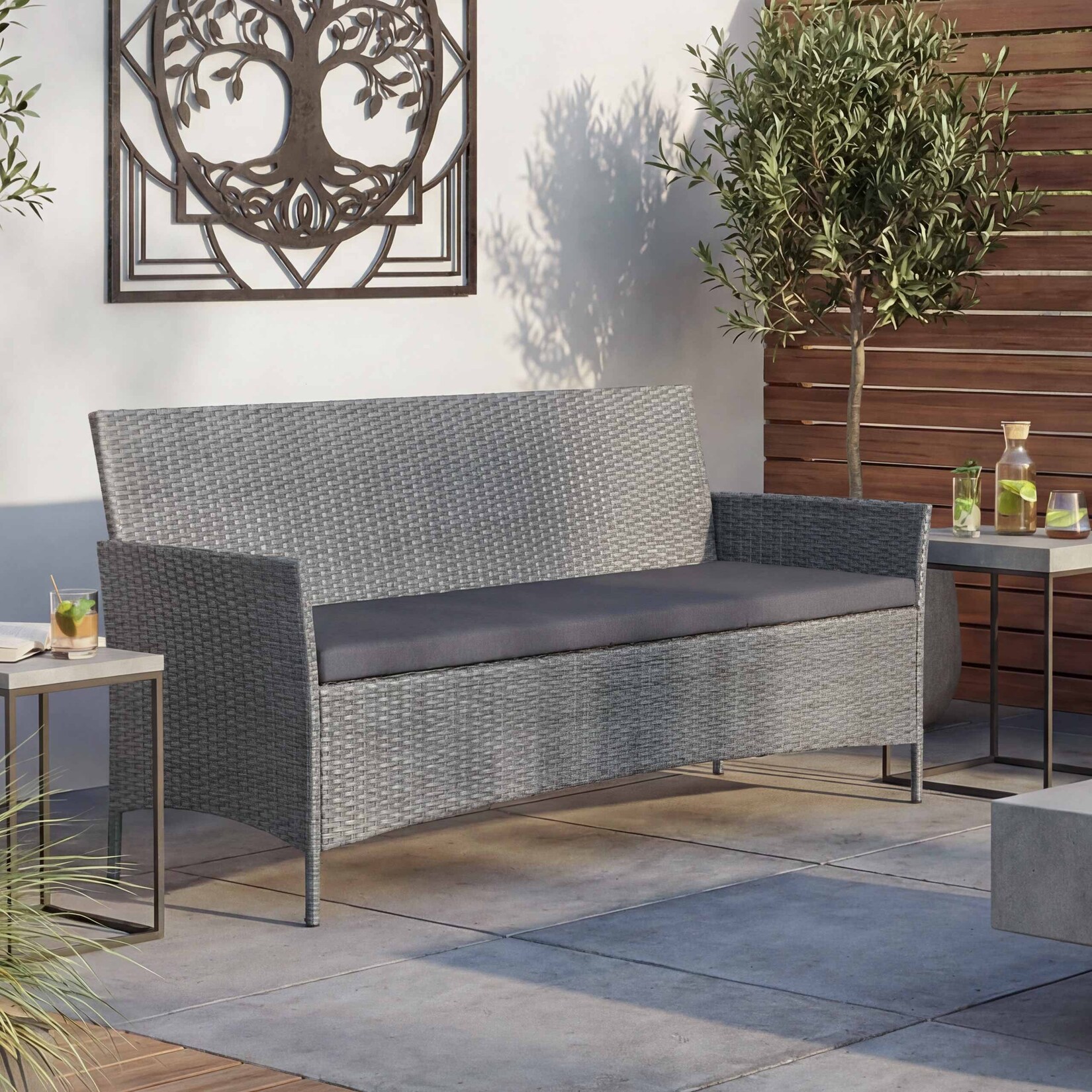 3-Sitzer Poly-Rattan Gartenbank Hamar, Sitzbank ~ grau, Kissen anthrazit