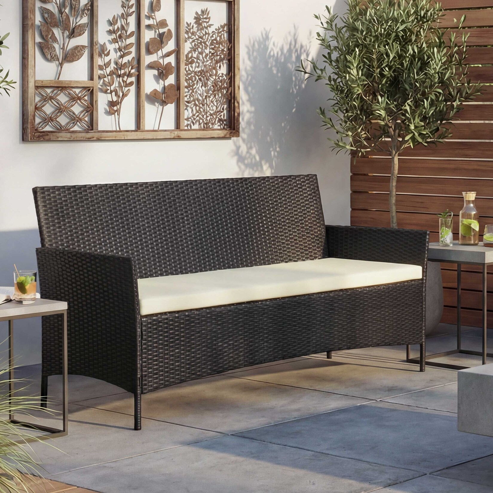 3-Sitzer Poly-Rattan Gartenbank Hamar, Sitzbank ~ anthrazit, Kissen creme