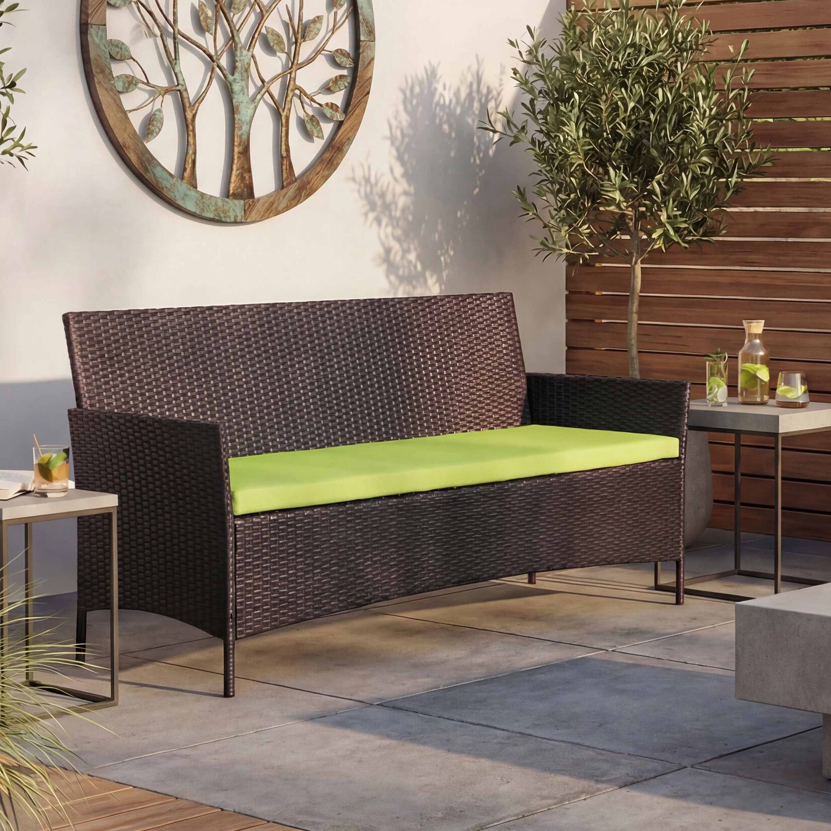 3-Sitzer Poly-Rattan Gartenbank Hamar, Sitzbank ~ braun-meliert, Kissen grün
