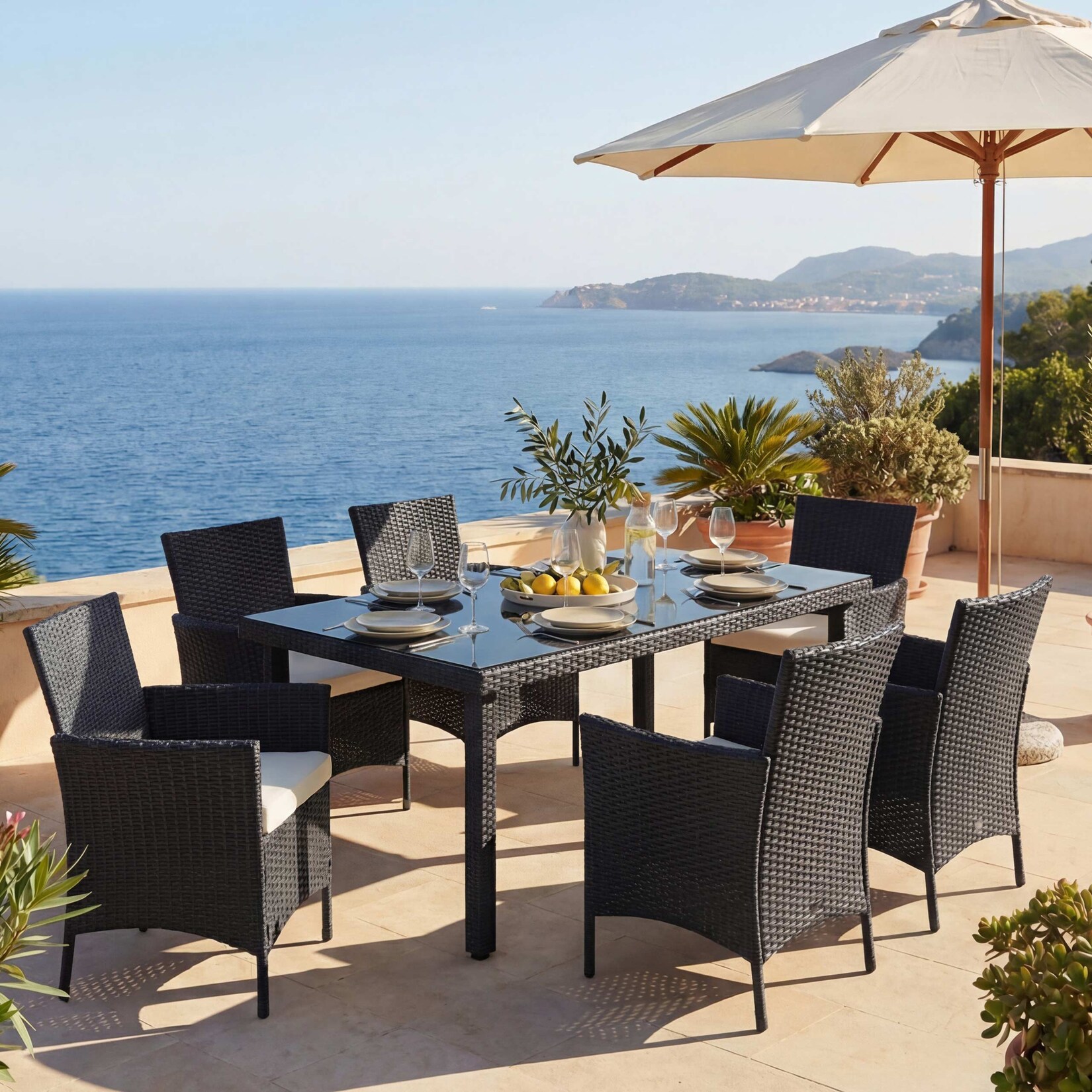 Poly-Rattan-Garnitur Hamar, Gartenmöbel Balkon-Set Sitzgarnitur ~ anthrazit, Kissen creme