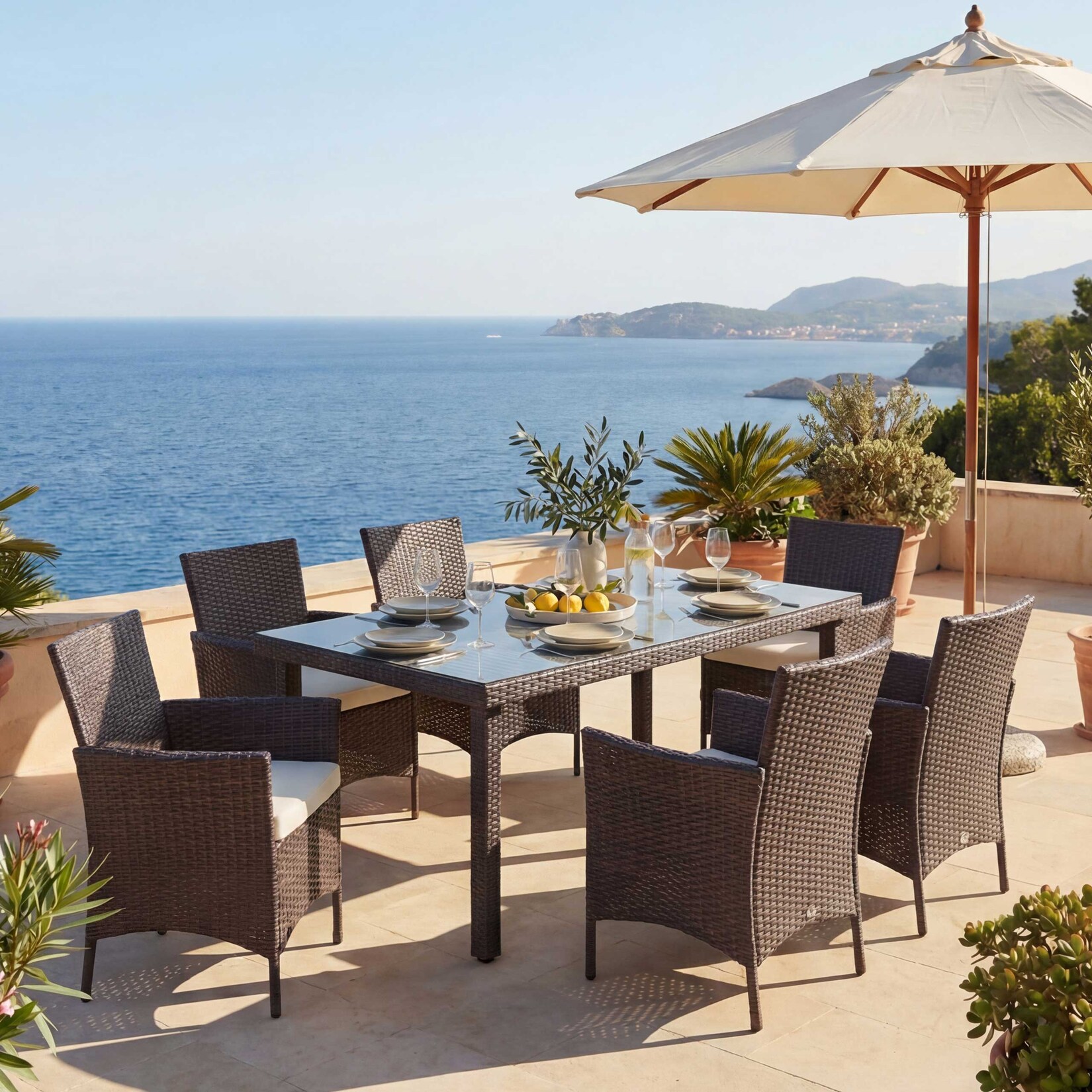 Poly-Rattan-Garnitur Hamar, Gartenmöbel Balkon-Set Sitzgarnitur ~ braun, Kissen creme