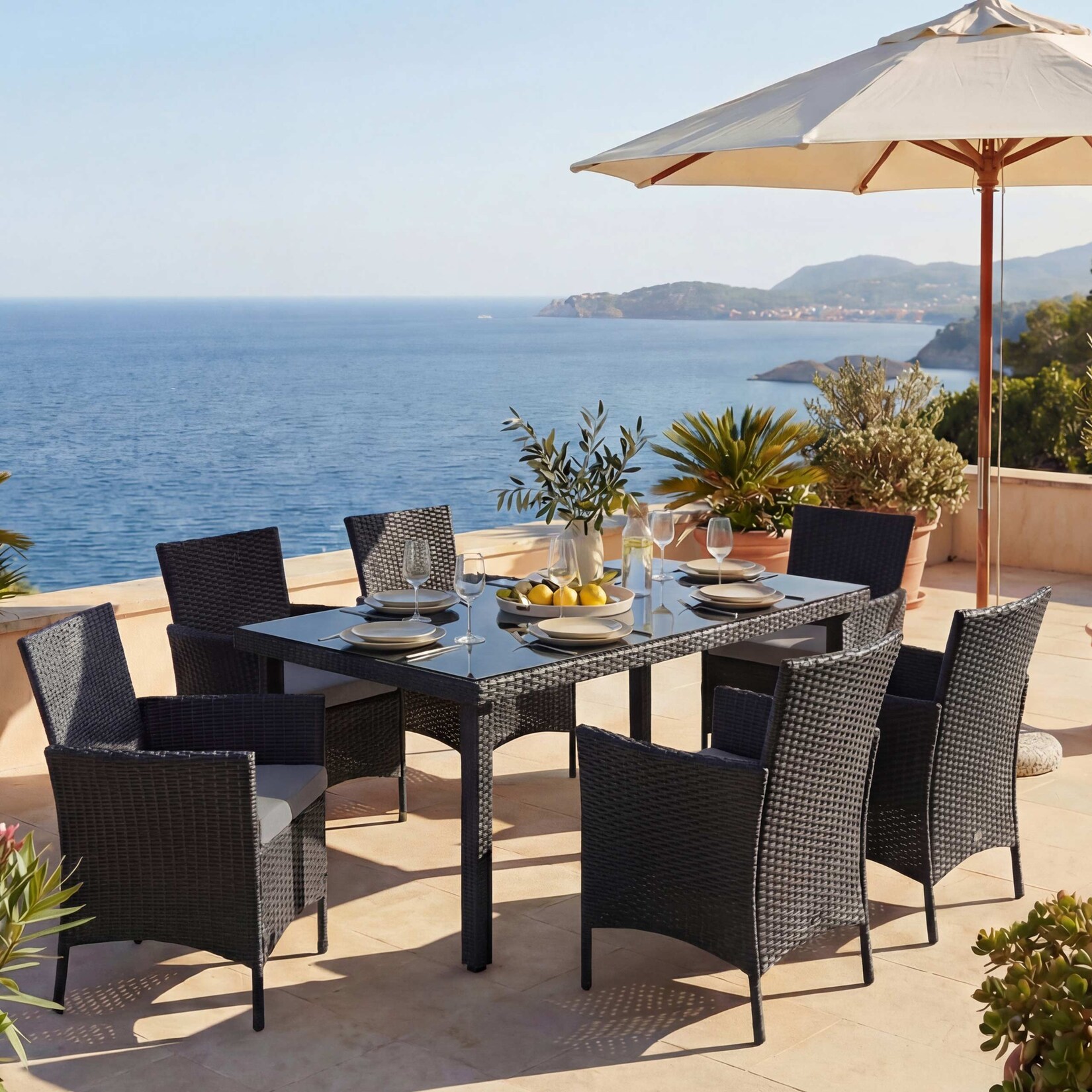 Poly-Rattan-Garnitur Hamar, Gartenmöbel Balkon-Set Sitzgarnitur ~ anthrazit, Kissen anthrazit