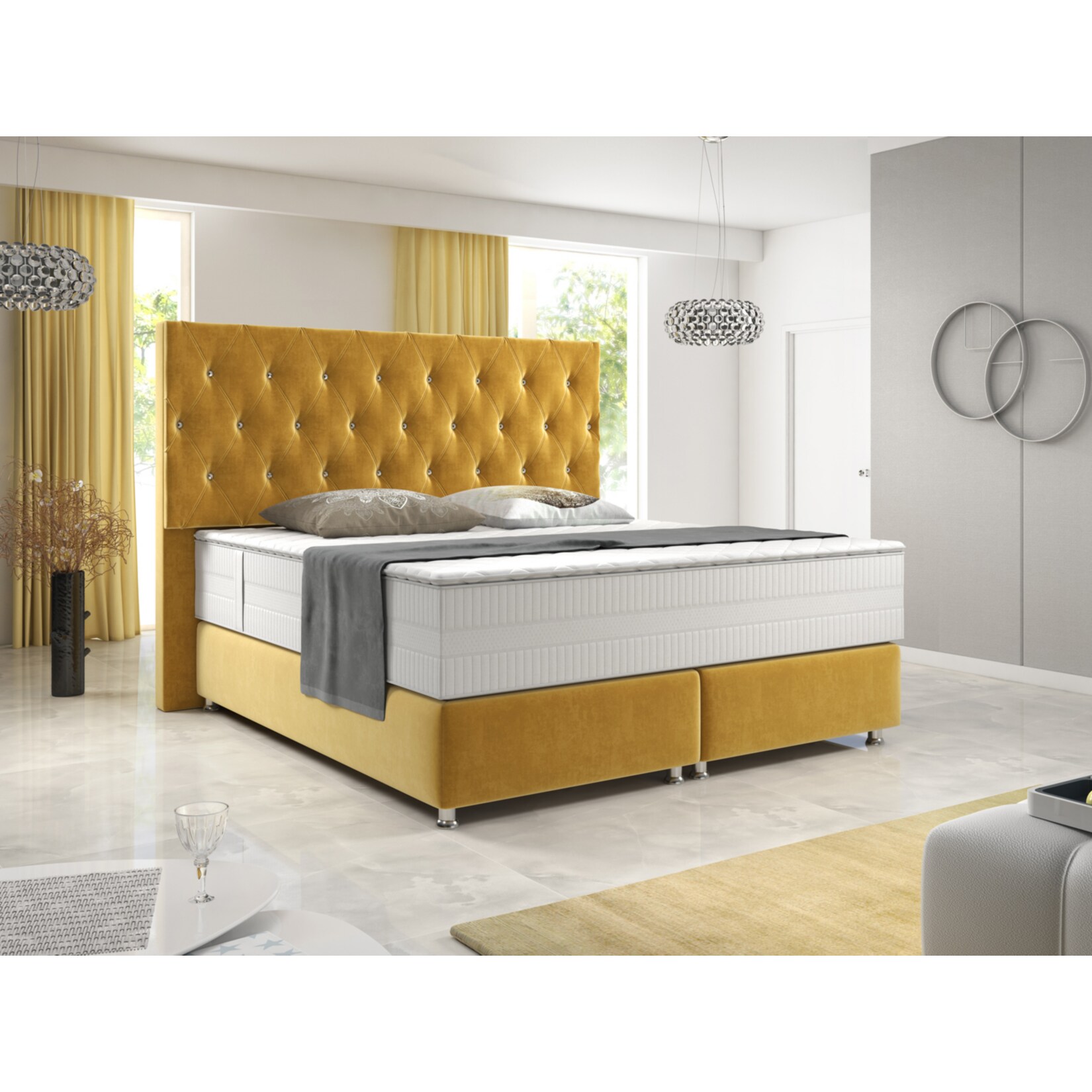 Inter Trading Boxspringbett Diamond 180x200 cm Gelb Velour Stoff - Bild 1